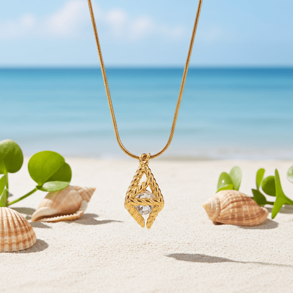Style KARJAT: Gold Chain Necklace with Geometric Caged Zirconia Pendant - MacroPanora