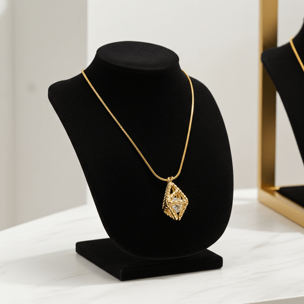 Style KARJAT: Gold Chain Necklace with Geometric Caged Zirconia Pendant - MacroPanora