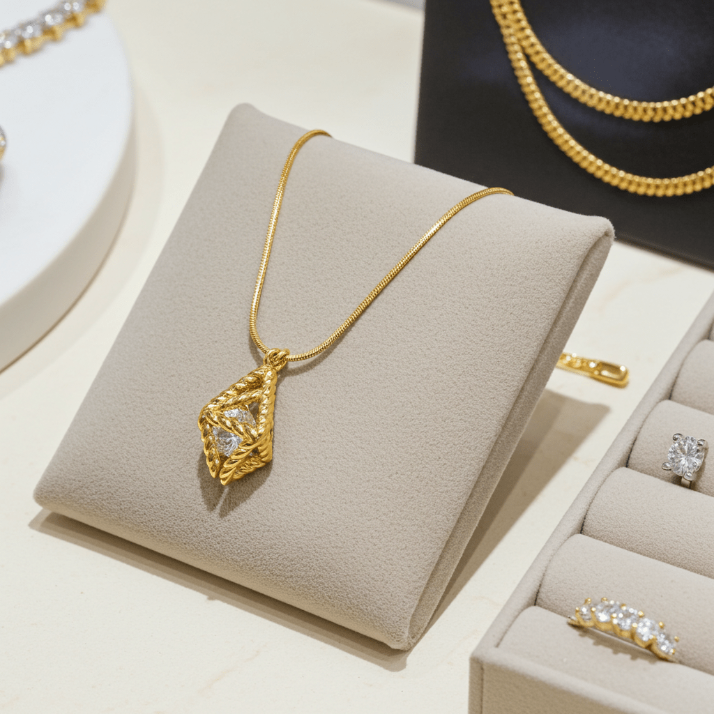Style KARJAT: Gold Chain Necklace with Geometric Caged Zirconia Pendant - MacroPanora