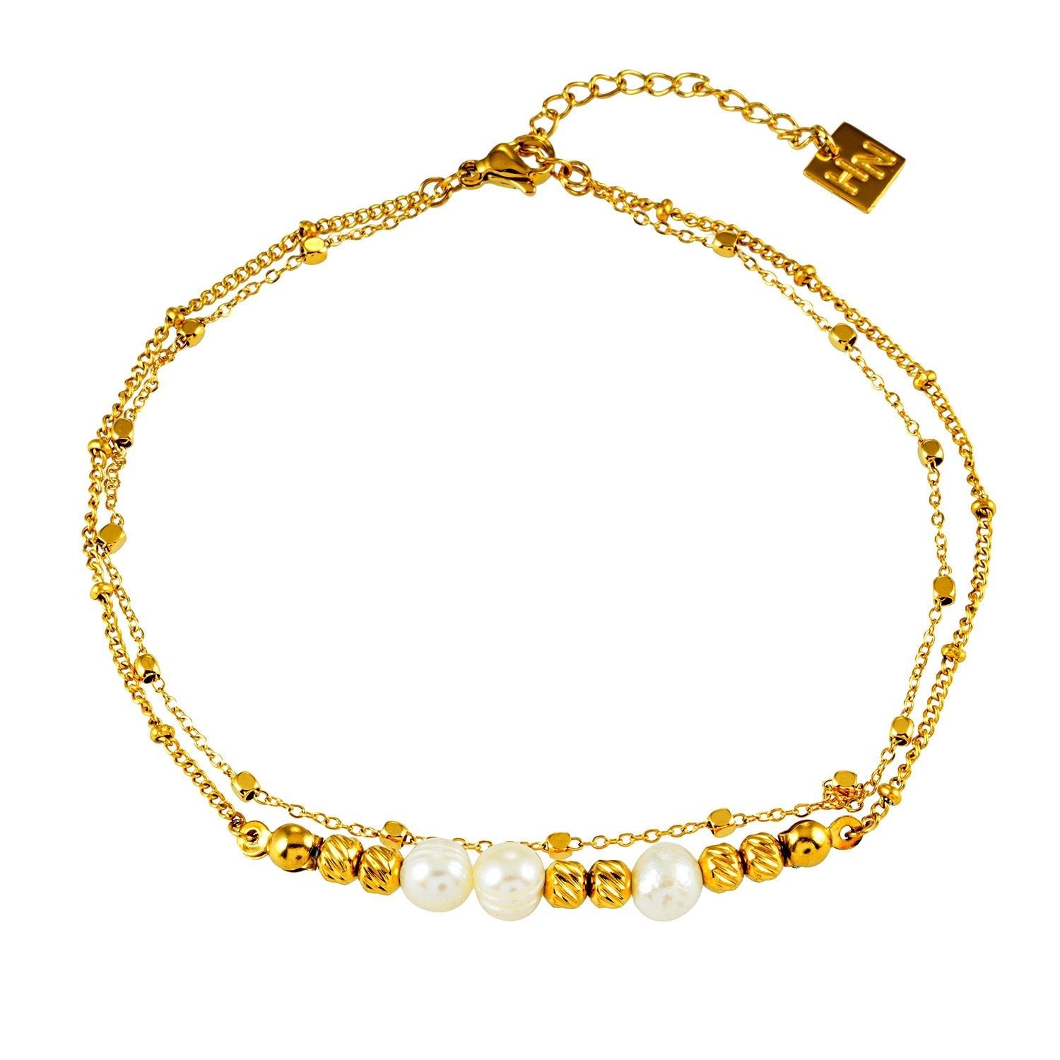 Style MARENTA LG: Gilded Harmony Chain Anklet with Gold Beads and Freshwater Pearls - MacroPanora