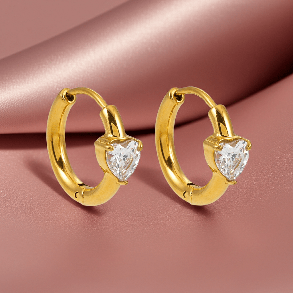 Style PELLA Gold: Mini Hoop Gold Earrings with Heart Shaped Moissanite - MacroPanora