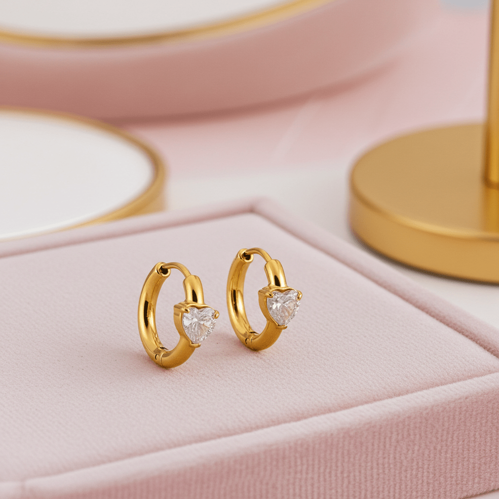 Style PELLA Gold: Mini Hoop Gold Earrings with Heart Shaped Moissanite - MacroPanora