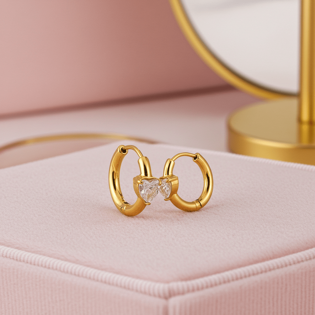 Style PELLA Gold: Mini Hoop Gold Earrings with Heart Shaped Moissanite - MacroPanora