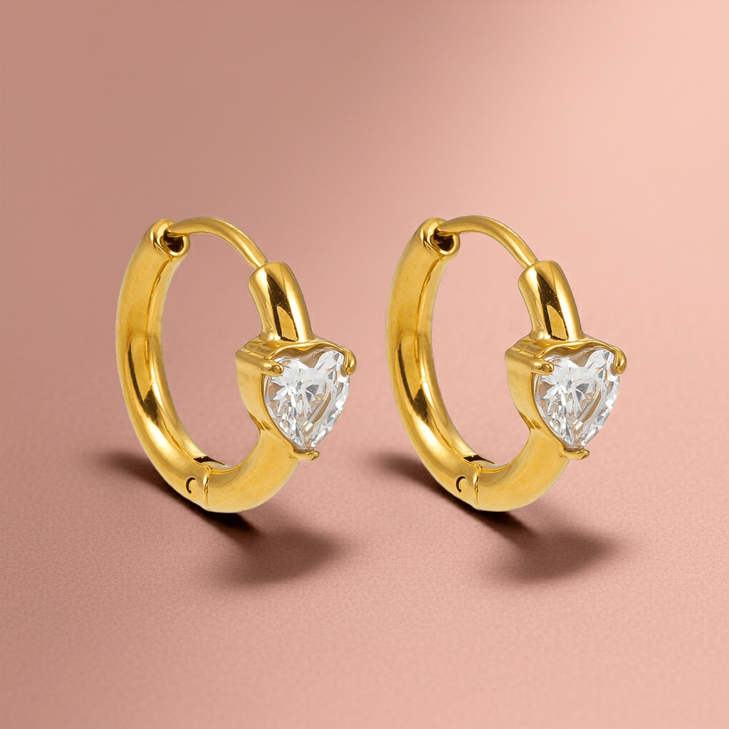 Style PELLA Gold: Mini Hoop Gold Earrings with Heart Shaped Moissanite - MacroPanora