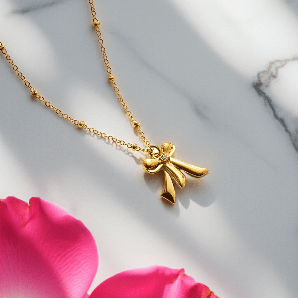 TALIANA Gold: Dainty Beaded Chain Necklace with Bow Pendant & Solitaire Zirconia – Elegant Everyday Jewelry - MacroPanora