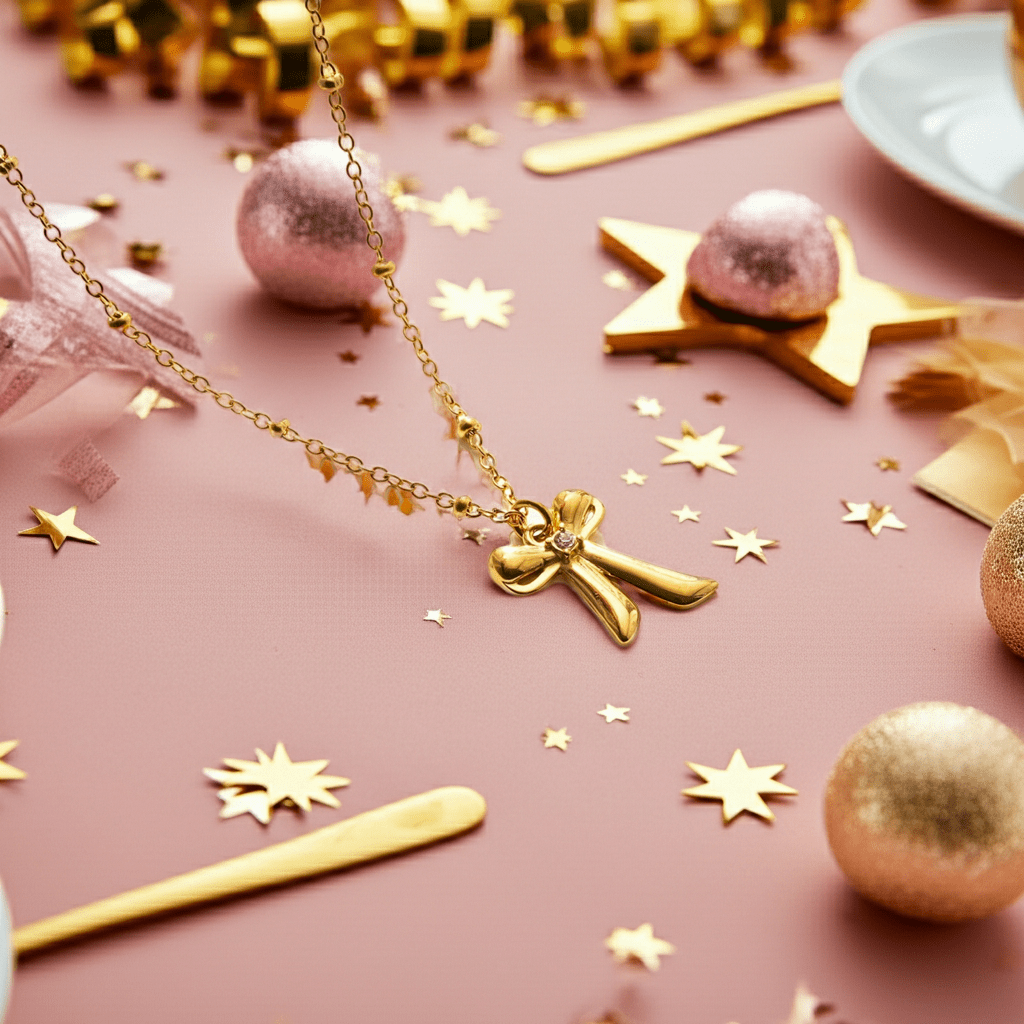 TALIANA Gold: Dainty Beaded Chain Necklace with Bow Pendant & Solitaire Zirconia – Elegant Everyday Jewelry - MacroPanora