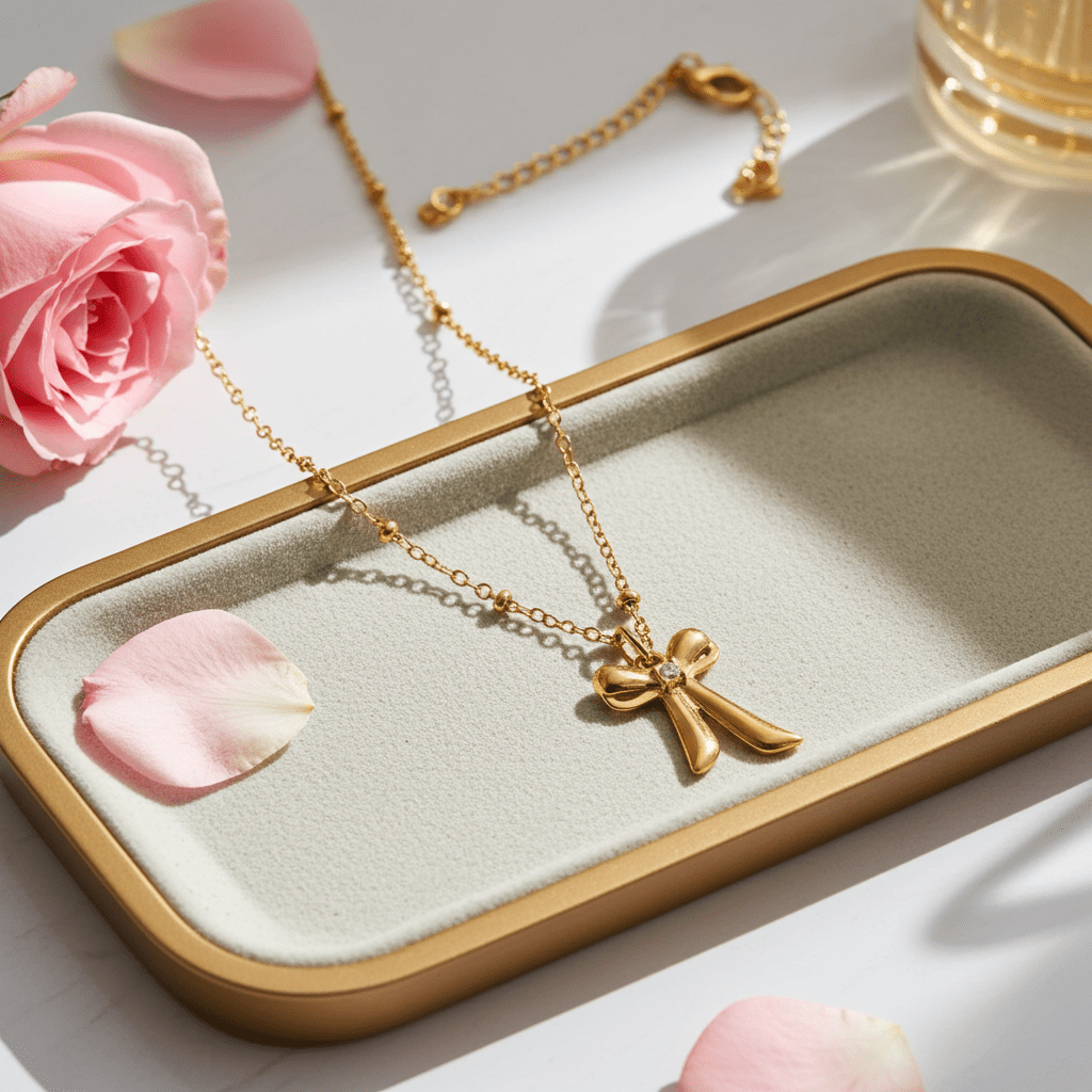 TALIANA Gold: Dainty Beaded Chain Necklace with Bow Pendant & Solitaire Zirconia – Elegant Everyday Jewelry - MacroPanora