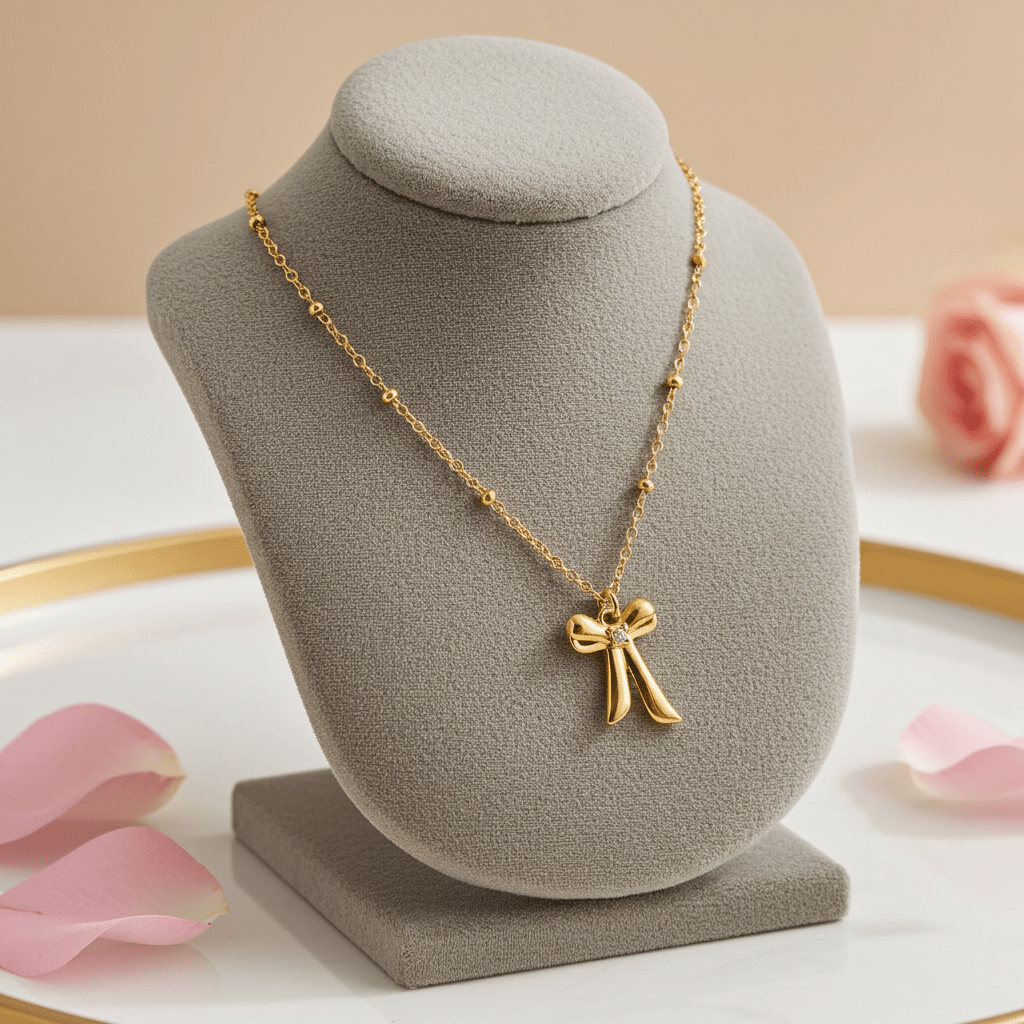 TALIANA Gold: Dainty Beaded Chain Necklace with Bow Pendant & Solitaire Zirconia – Elegant Everyday Jewelry - MacroPanora