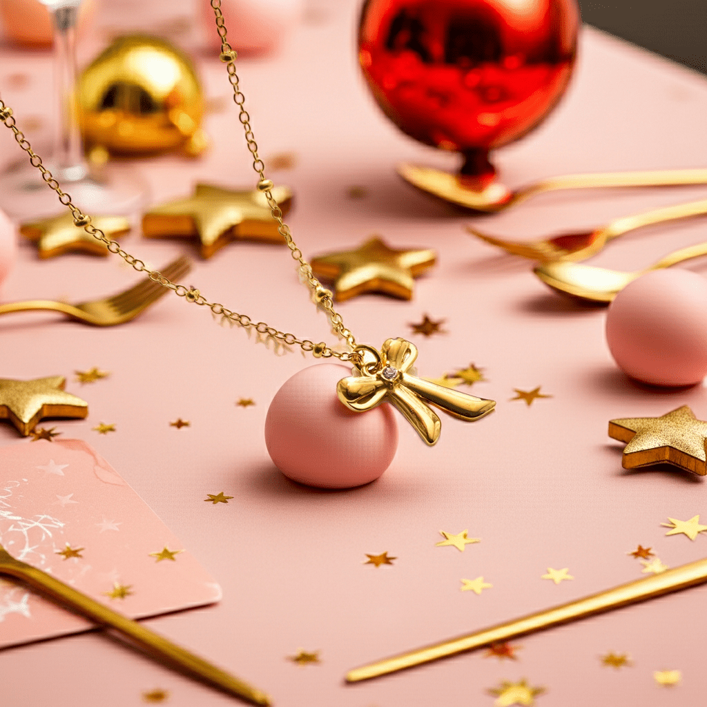 TALIANA Gold: Dainty Beaded Chain Necklace with Bow Pendant & Solitaire Zirconia – Elegant Everyday Jewelry - MacroPanora