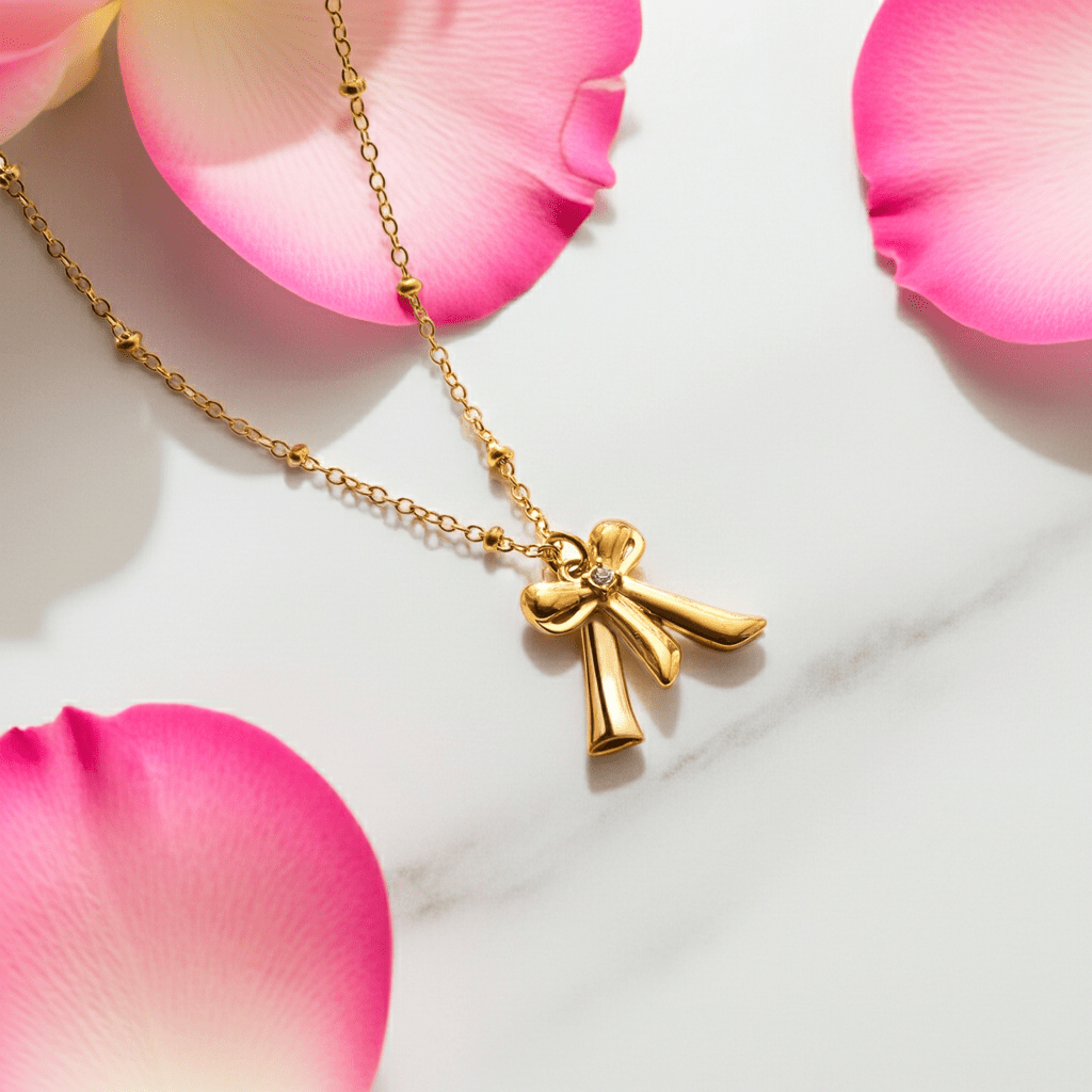 TALIANA Gold: Dainty Beaded Chain Necklace with Bow Pendant & Solitaire Zirconia – Elegant Everyday Jewelry - MacroPanora