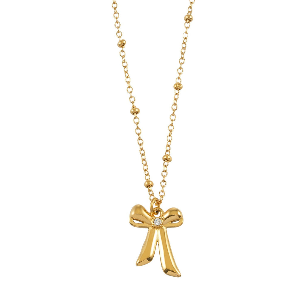 TALIANA Gold: Dainty Beaded Chain Necklace with Bow Pendant & Solitaire Zirconia – Elegant Everyday Jewelry - MacroPanora