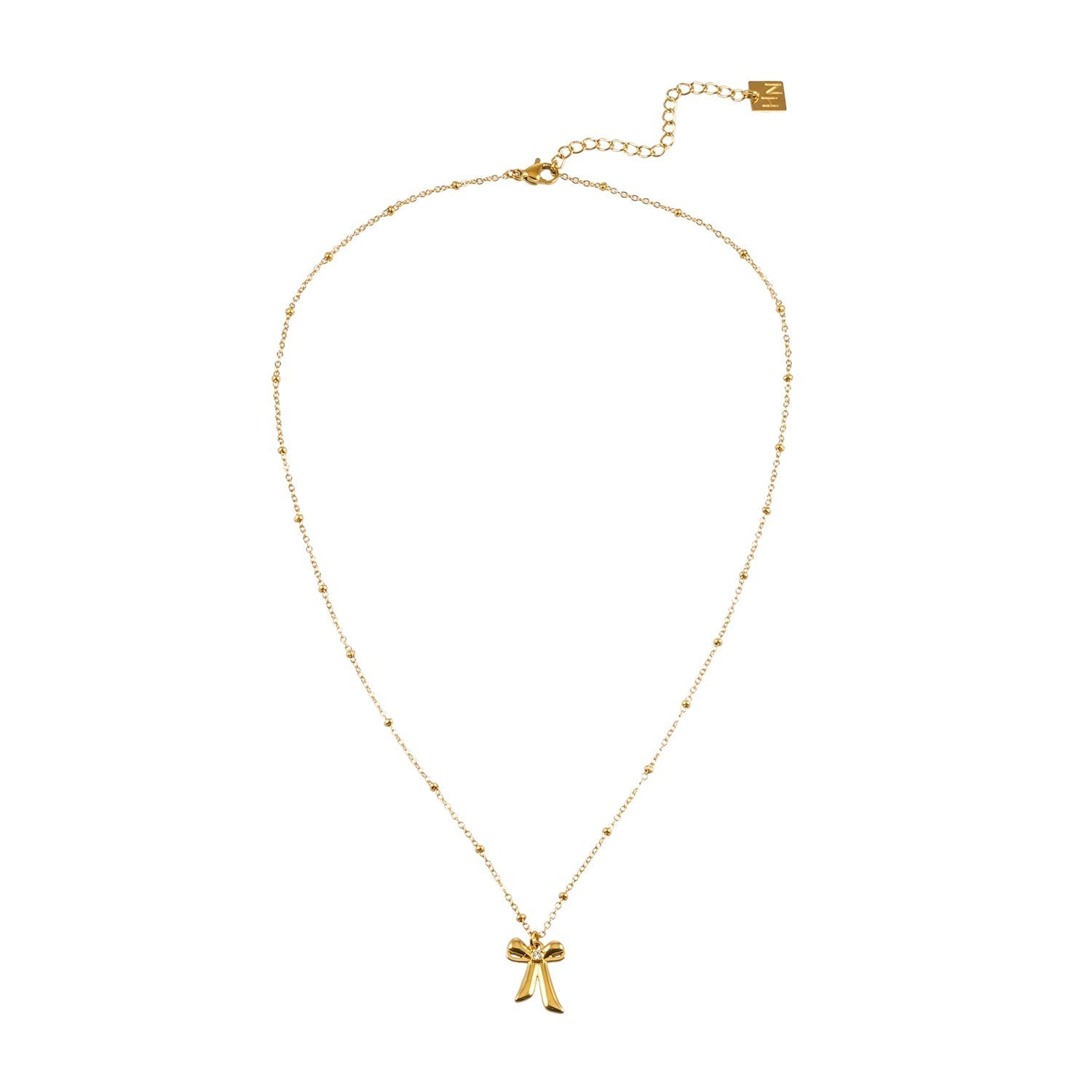 TALIANA Gold: Dainty Beaded Chain Necklace with Bow Pendant & Solitaire Zirconia – Elegant Everyday Jewelry - MacroPanora