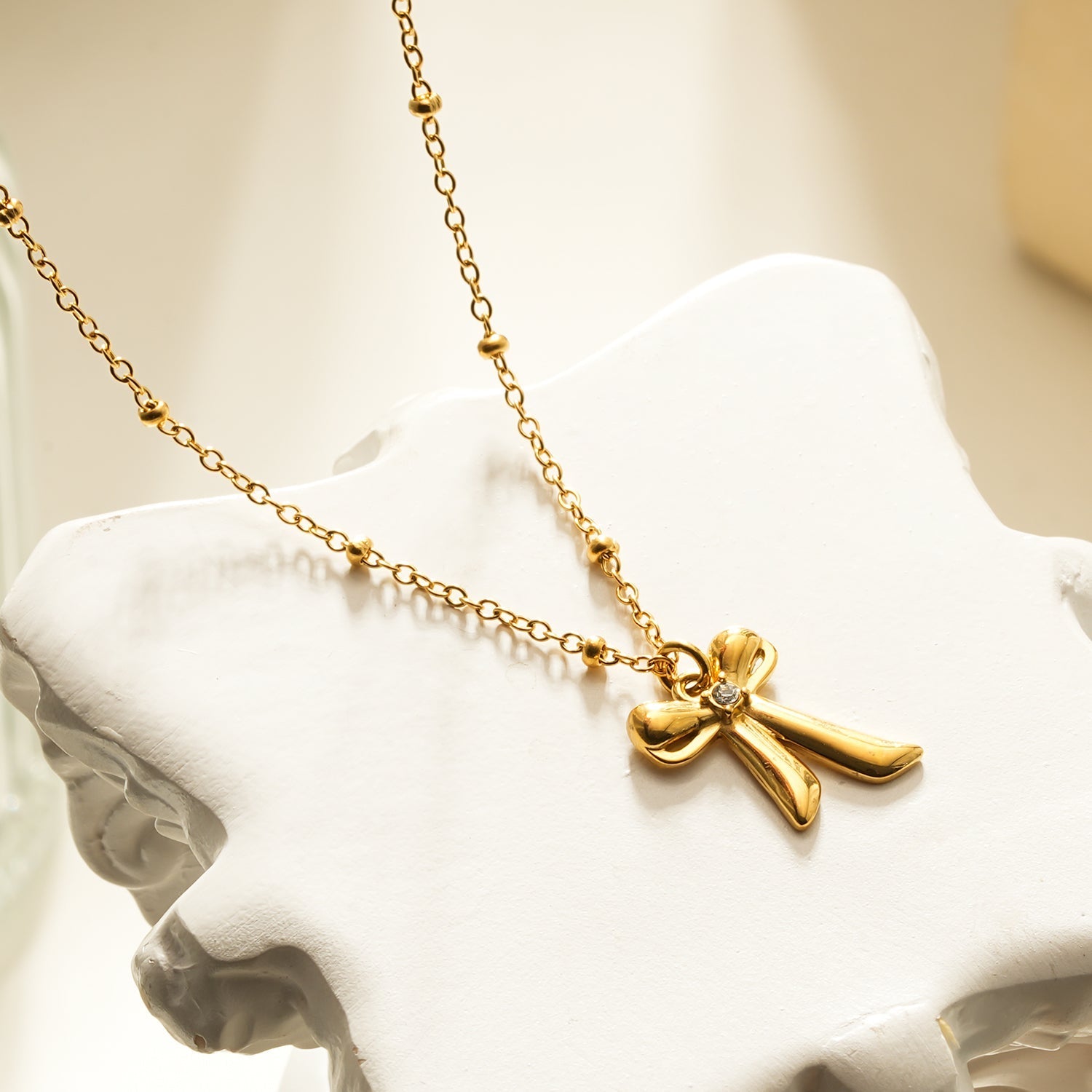 TALIANA Gold: Dainty Beaded Chain Necklace with Bow Pendant & Solitaire Zirconia – Elegant Everyday Jewelry - MacroPanora