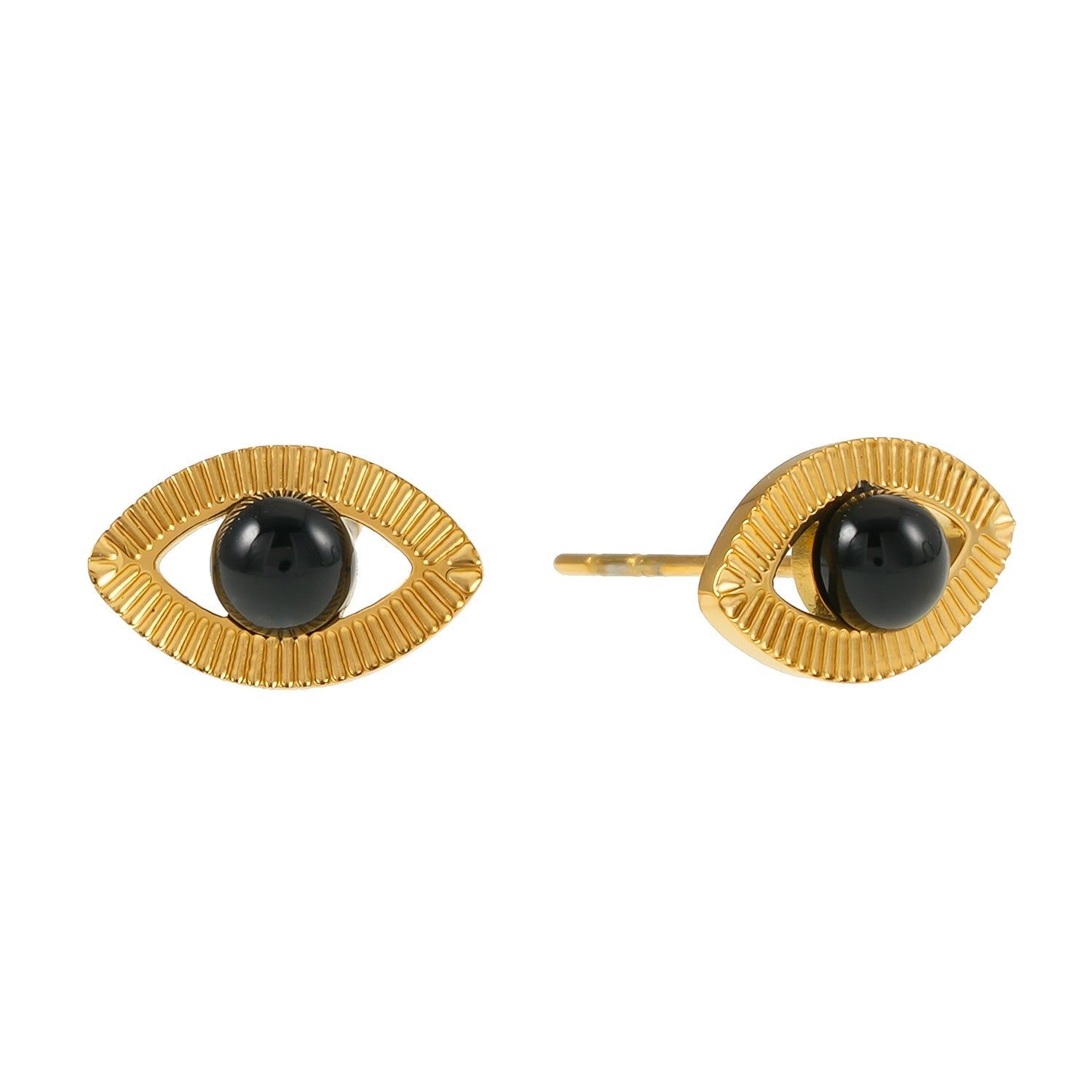 TAVIRA: Gold Evil Eye Studs with Black Onyx Embellishment - MacroPanora