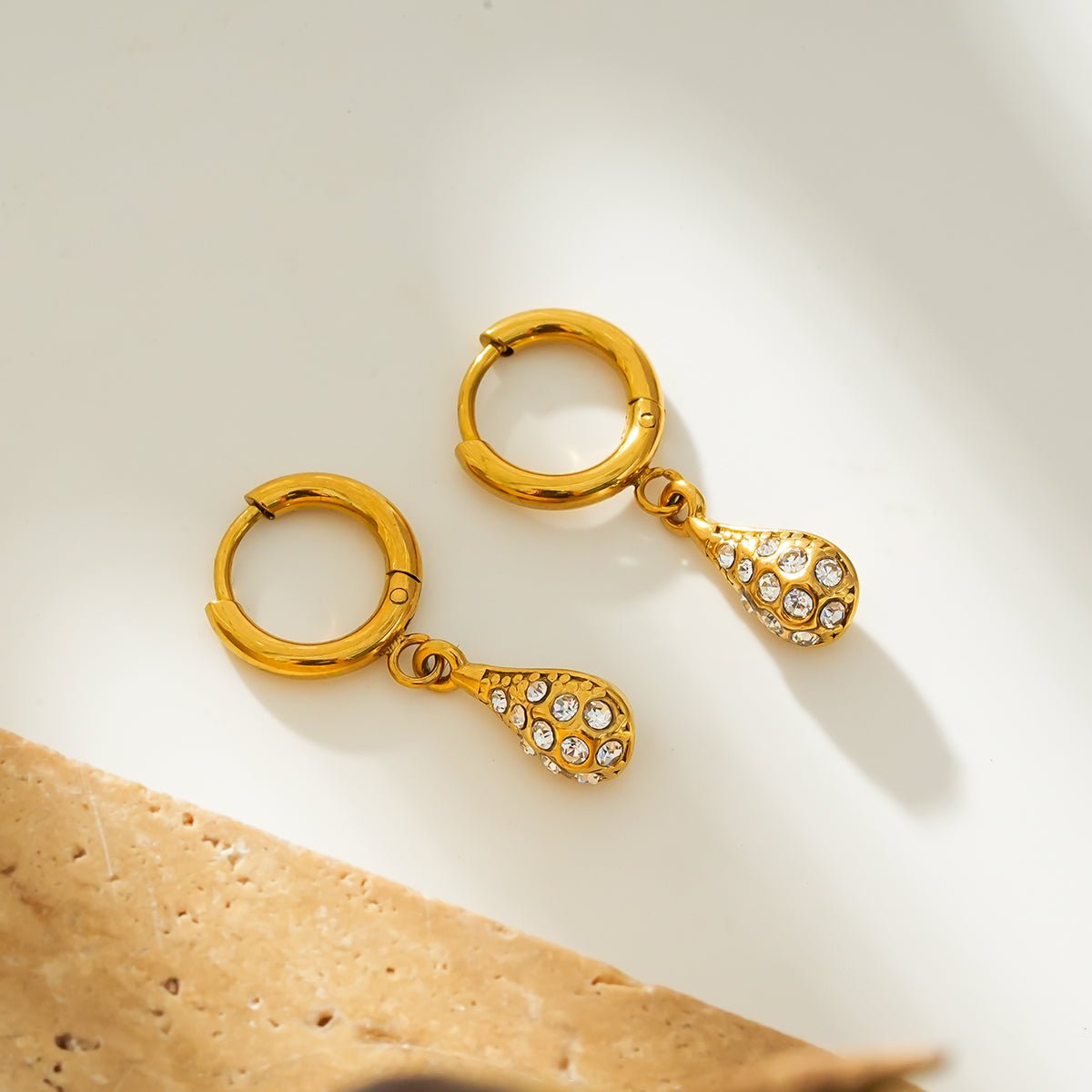 TOAS Gold: Mini Hoops with Zirconia Embedded Pearl Shaped Charm - MacroPanora