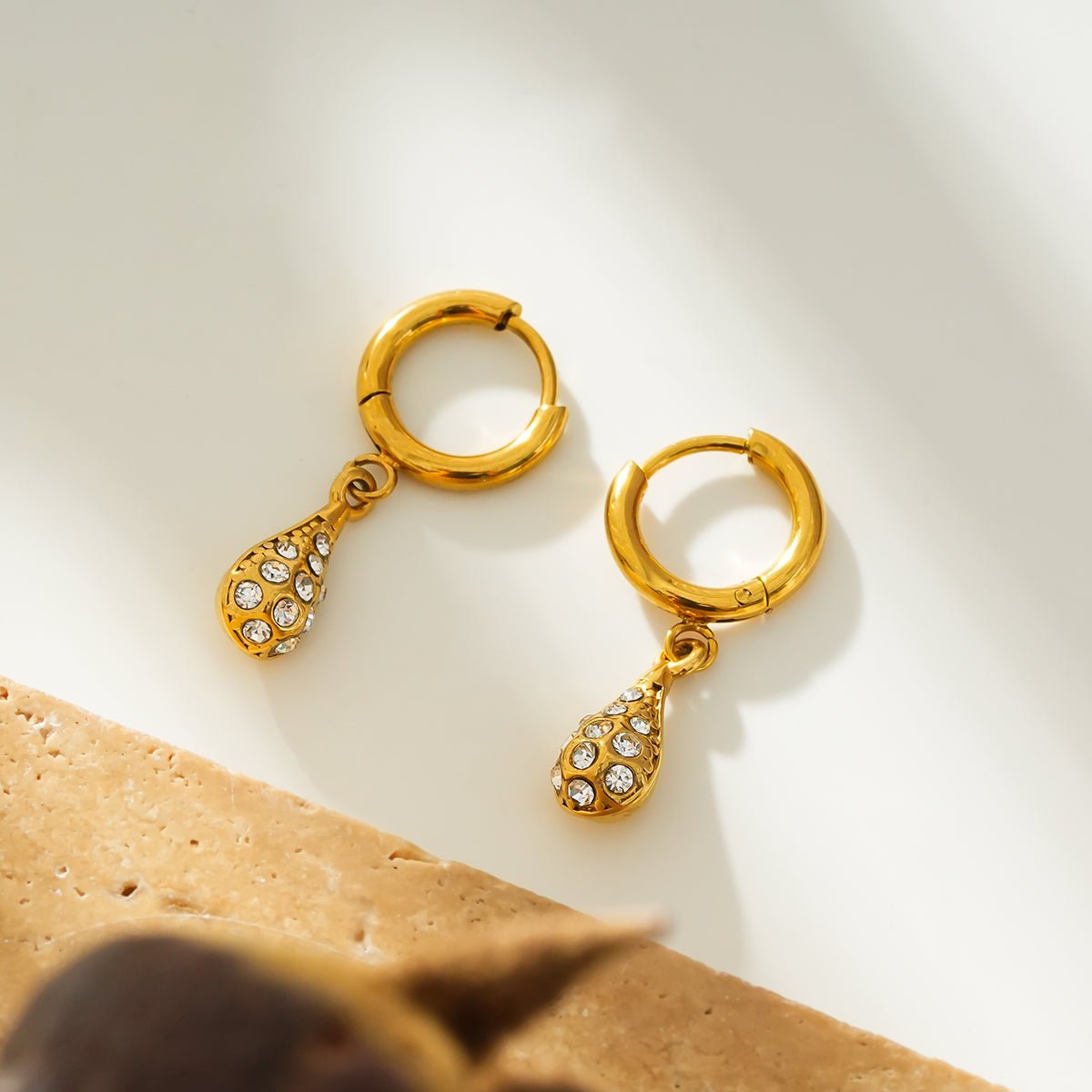 TOAS Gold: Mini Hoops with Zirconia Embedded Pearl Shaped Charm - MacroPanora