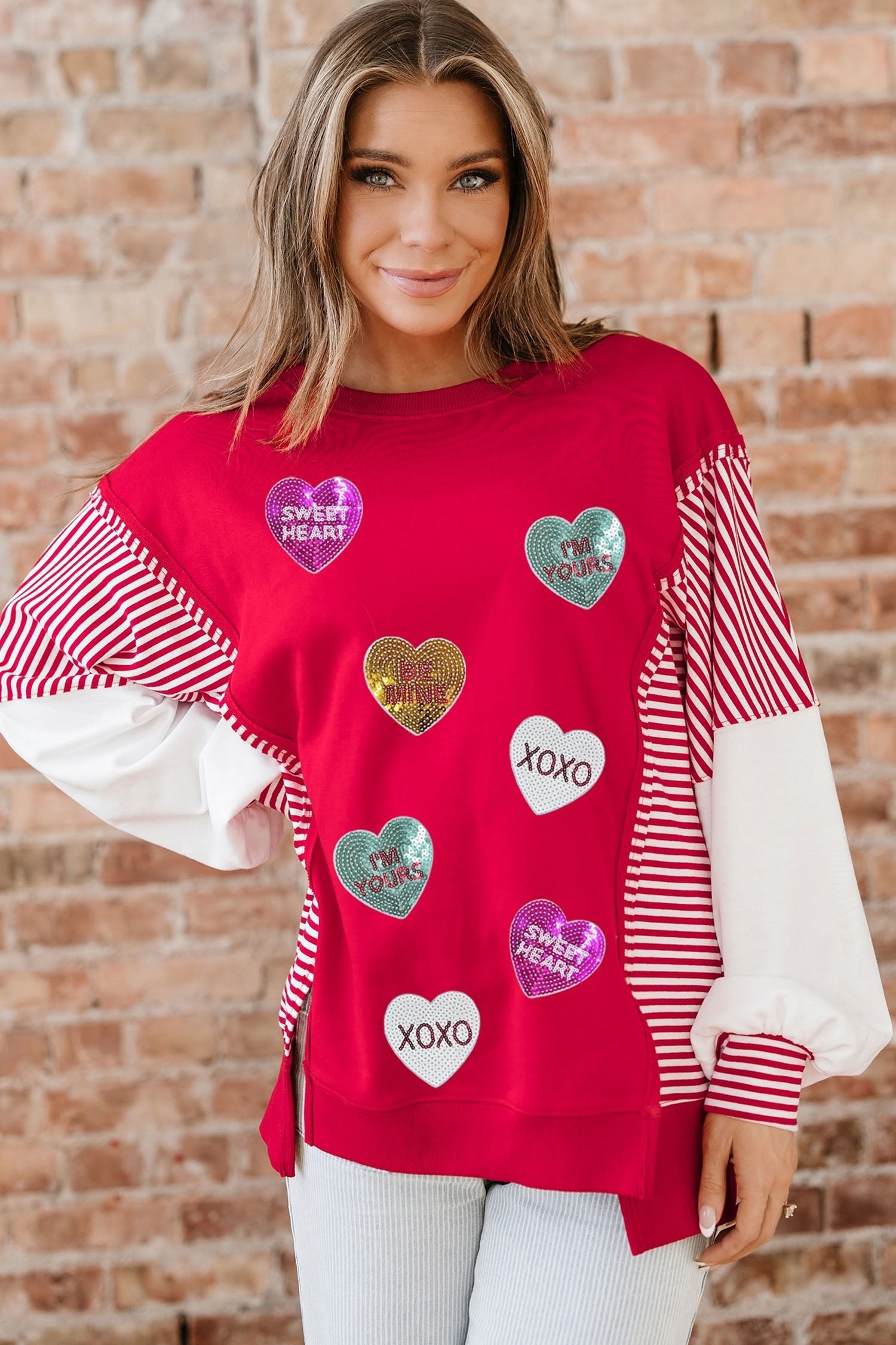 Fiery Red Sequin Heart Sweatshirt for Trendy Valentine's Day Fashion - MacroPanora