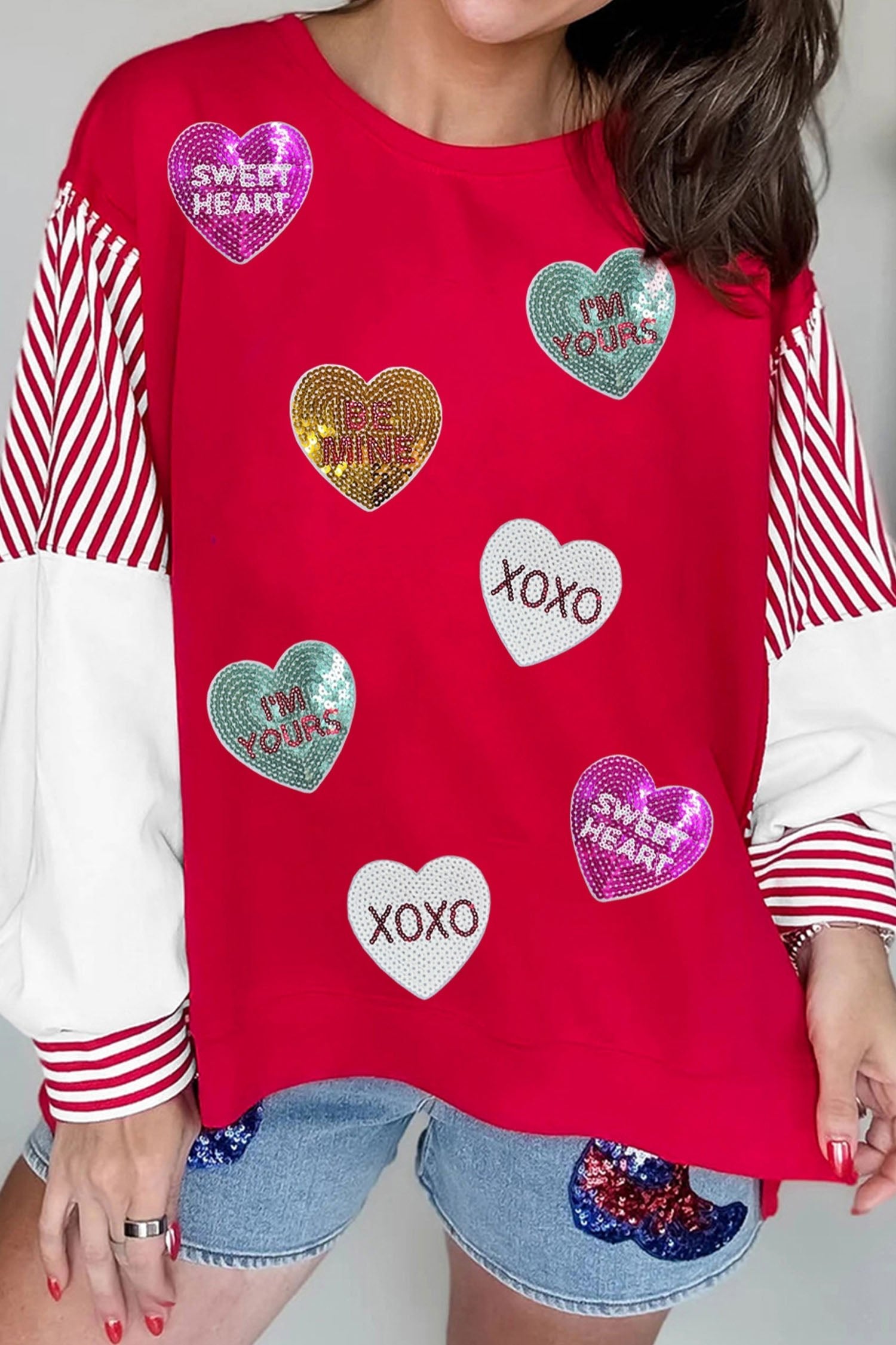 Fiery Red Sequin Heart Sweatshirt for Trendy Valentine's Day Fashion - MacroPanora
