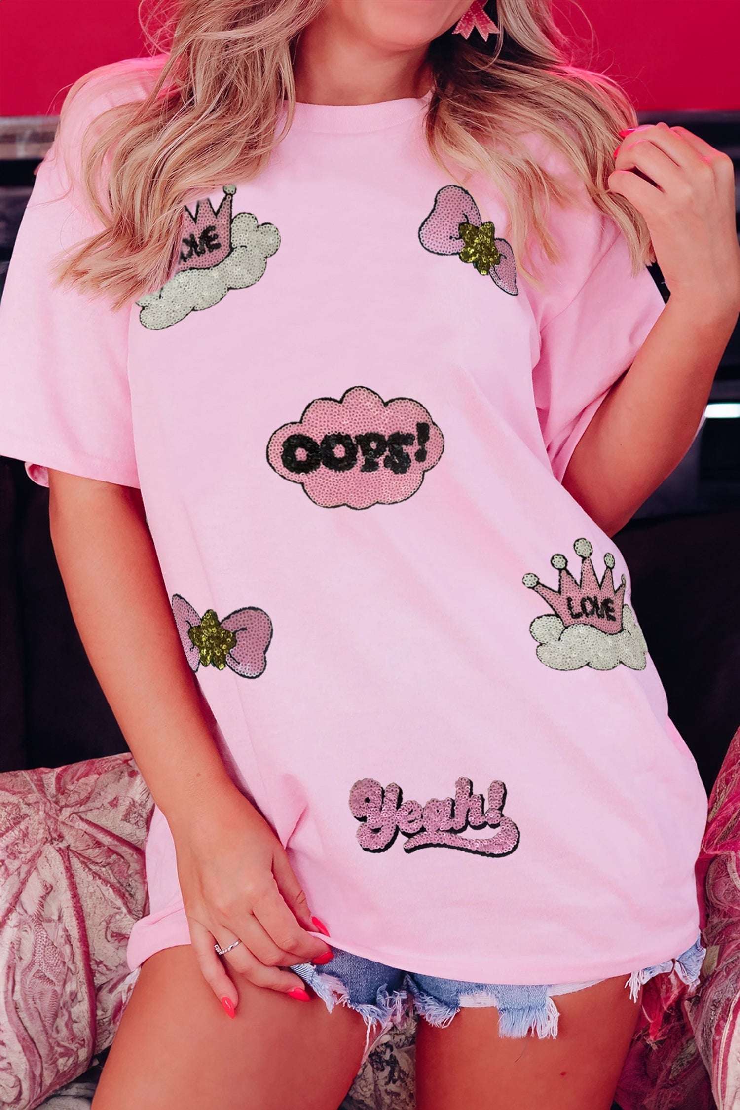 Trendy Women's Pink Sequin Valentine's Day T-Shirt with Chic Patch Details for a Fun, Fashionable Style - MacroPanora