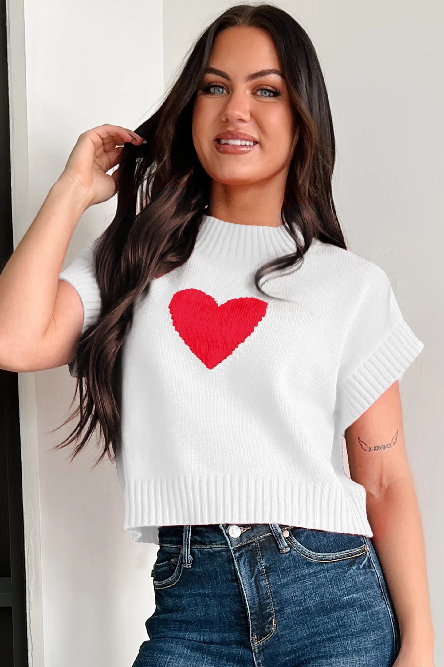 White Cropped Heart Graphic Sweater - Cute Valentine's Day Top - MacroPanora