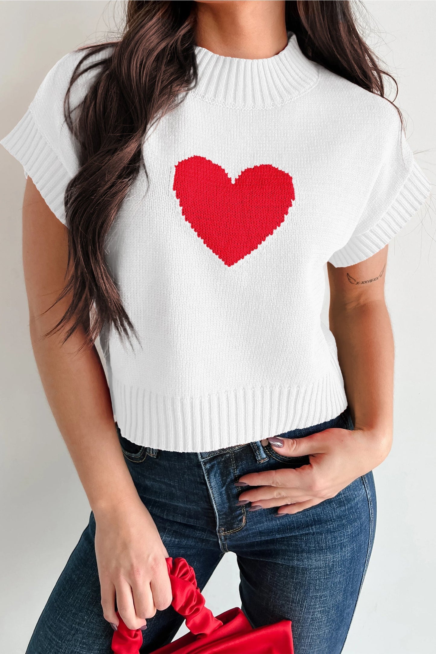 White Cropped Heart Graphic Sweater - Cute Valentine's Day Top - MacroPanora