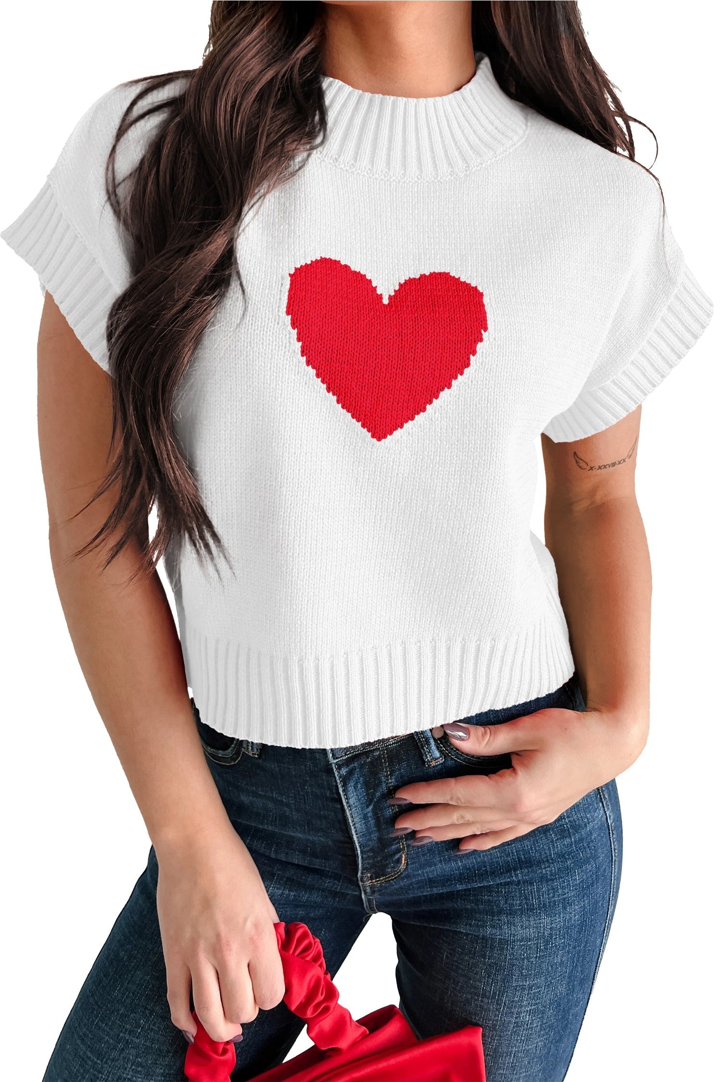 White Cropped Heart Graphic Sweater - Cute Valentine's Day Top - MacroPanora