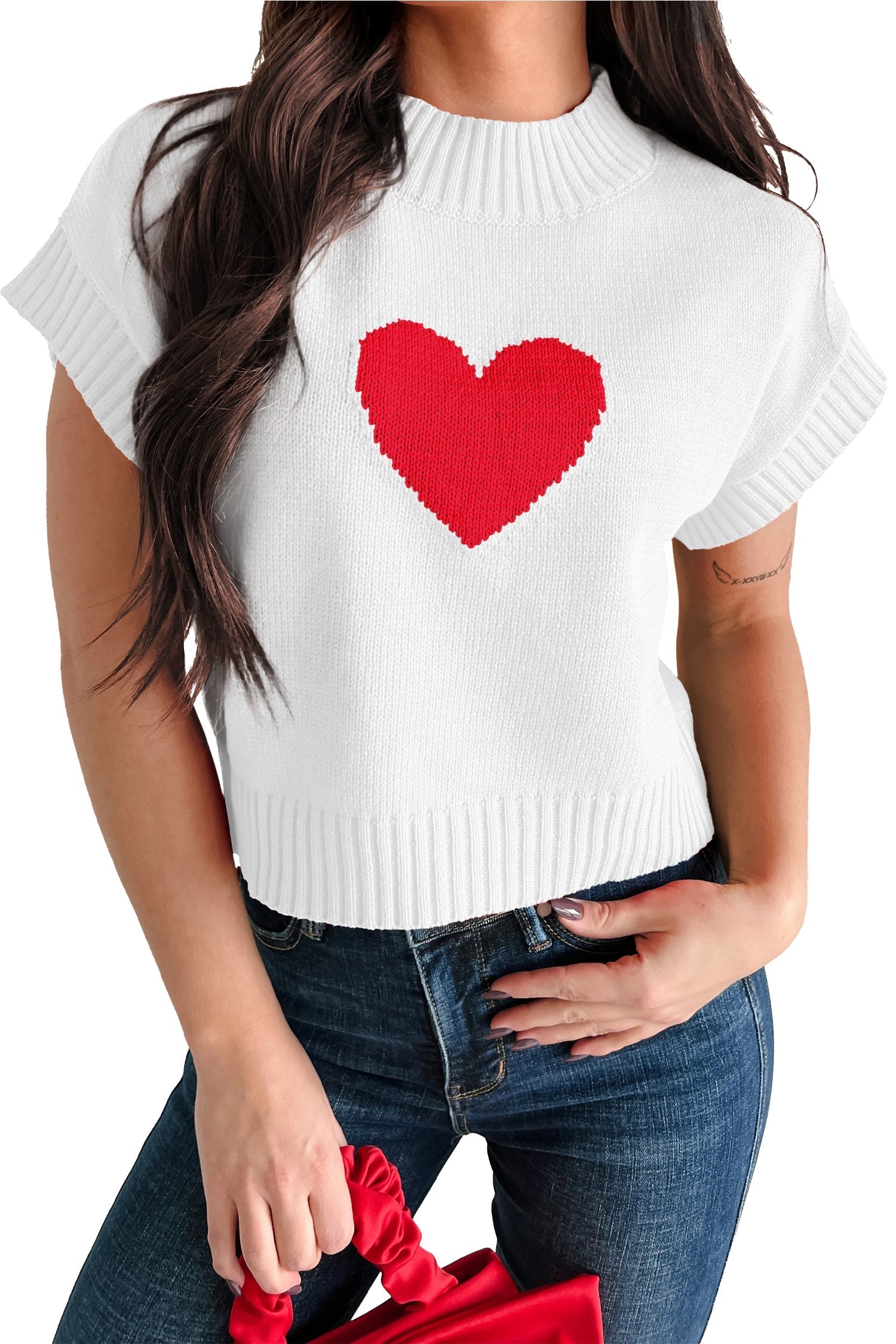 White Cropped Heart Graphic Sweater - Cute Valentine's Day Top - MacroPanora