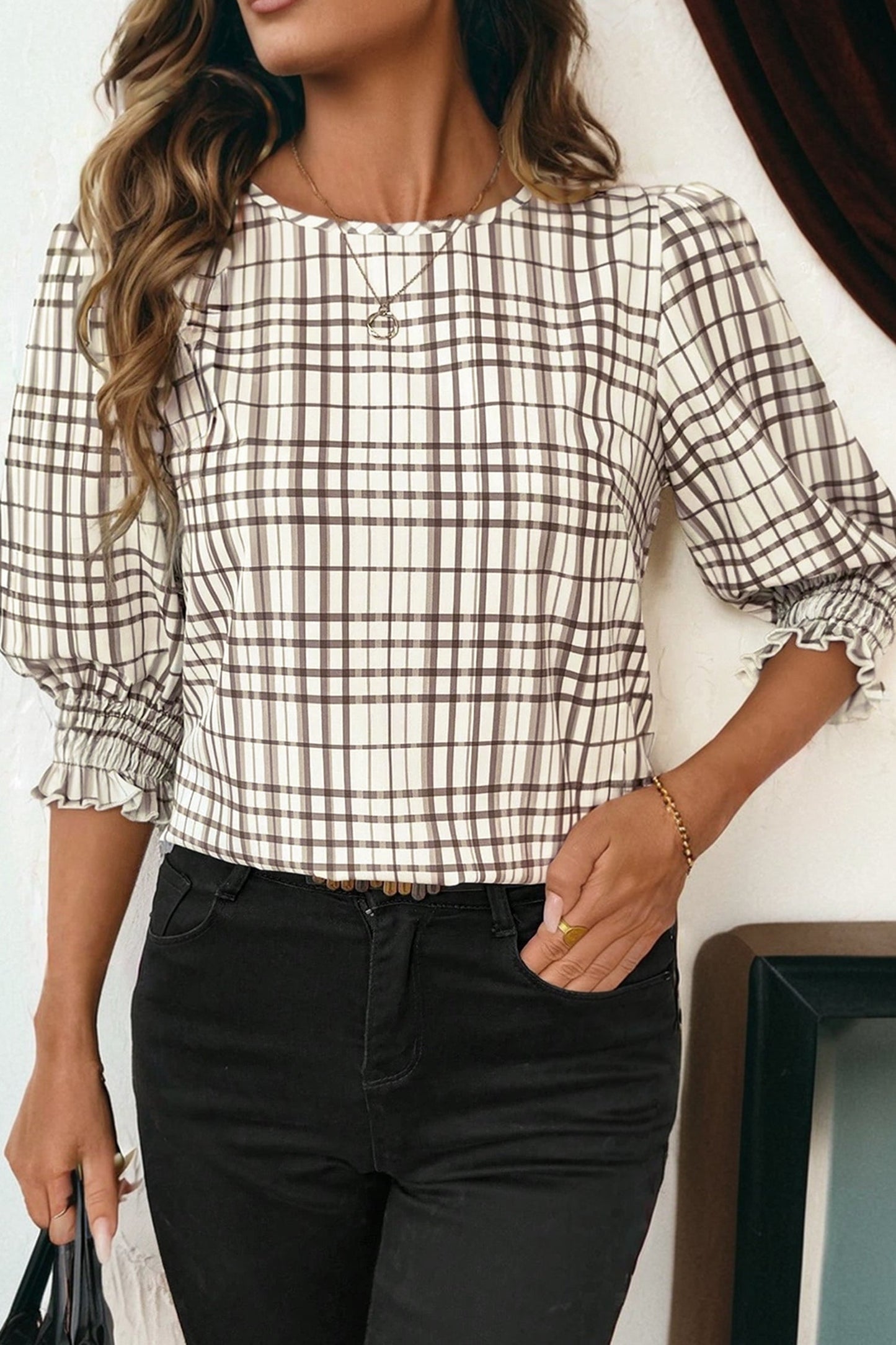 Trendy Women's White Plaid Puff Sleeve Blouse with Frills - Perfect for Casual Chic Outfits and Everyday Wear - MacroPanora