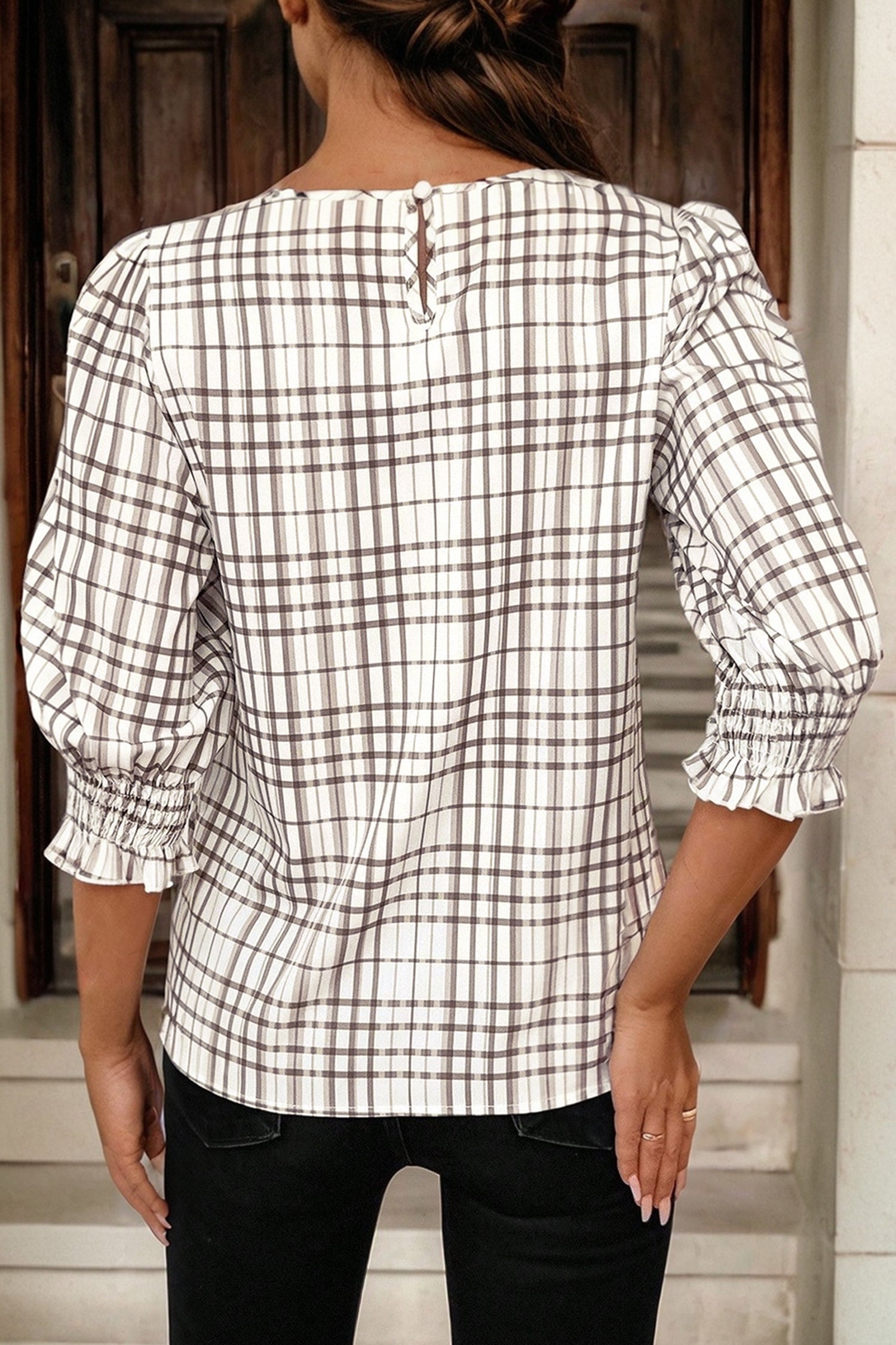 Trendy Women's White Plaid Puff Sleeve Blouse with Frills - Perfect for Casual Chic Outfits and Everyday Wear - MacroPanora