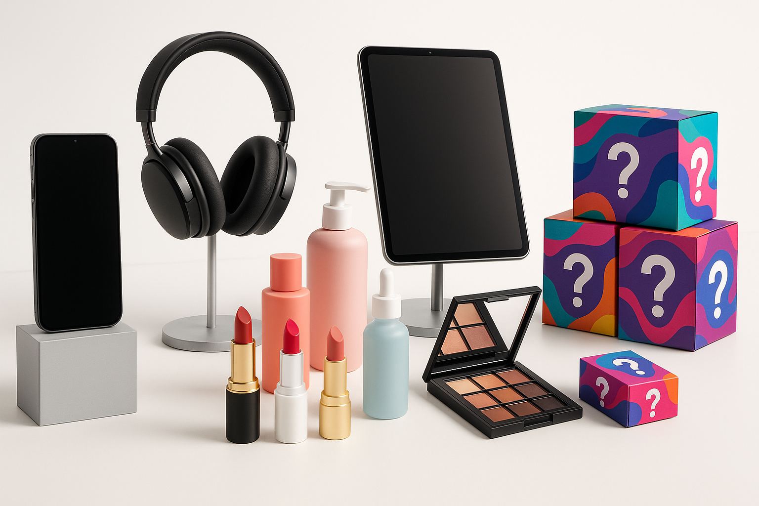 Various products including Electronics, Beauty products and blind boxes