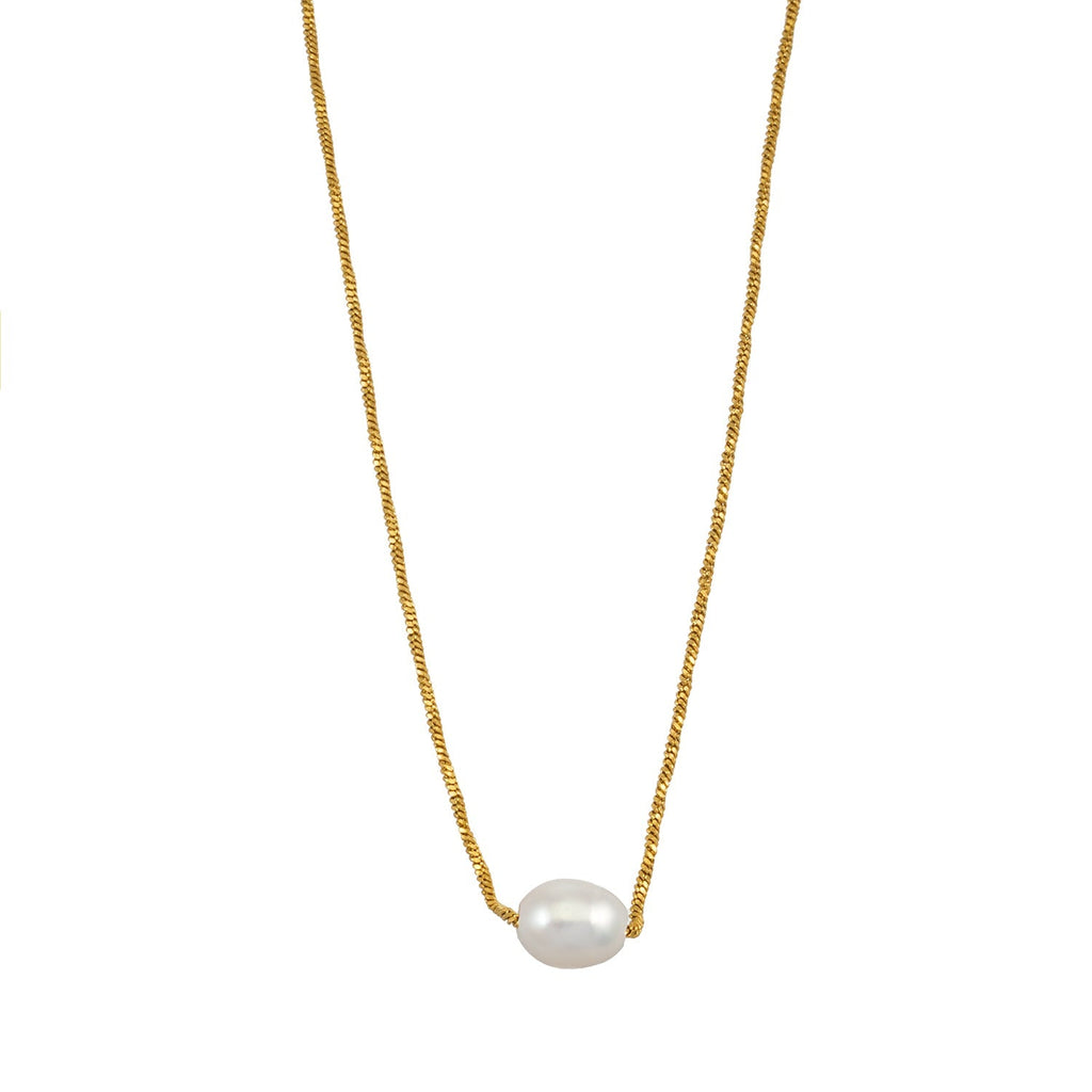 VAZSONY Gold: Effortless Grace - Dainty Textured Chain Necklace with Single Freshwater Pearl - MacroPanora