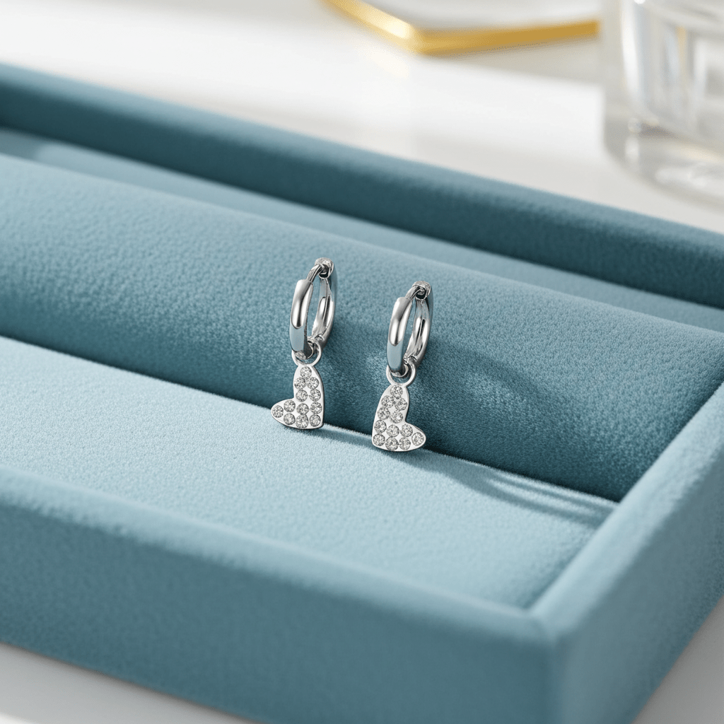 VIRTUOUS Silver Toned White Gold: Mini Hoops with Zirconia Embedded Heart Charm - MacroPanora