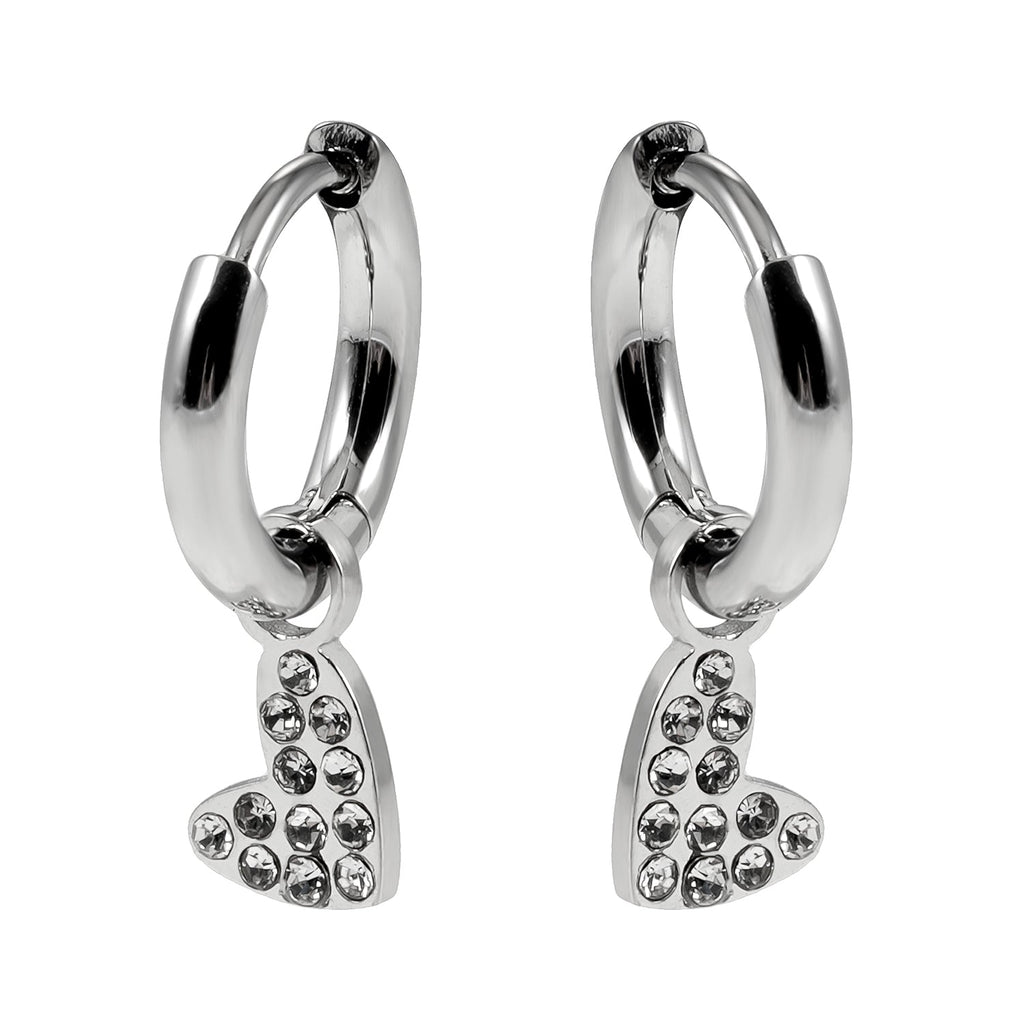 VIRTUOUS Silver Toned White Gold: Mini Hoops with Zirconia Embedded Heart Charm - MacroPanora