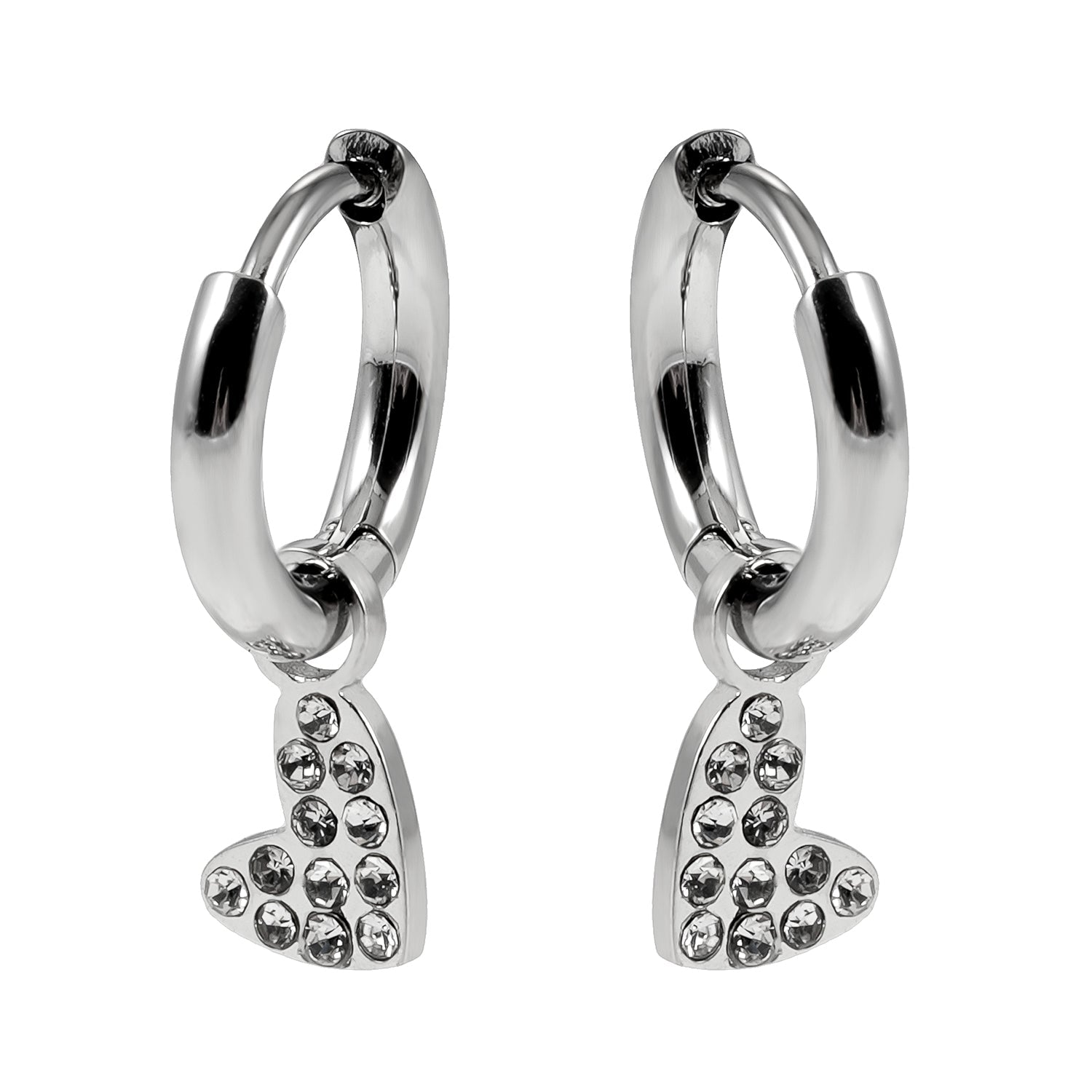 VIRTUOUS Silver Toned White Gold: Mini Hoops with Zirconia Embedded Heart Charm - MacroPanora