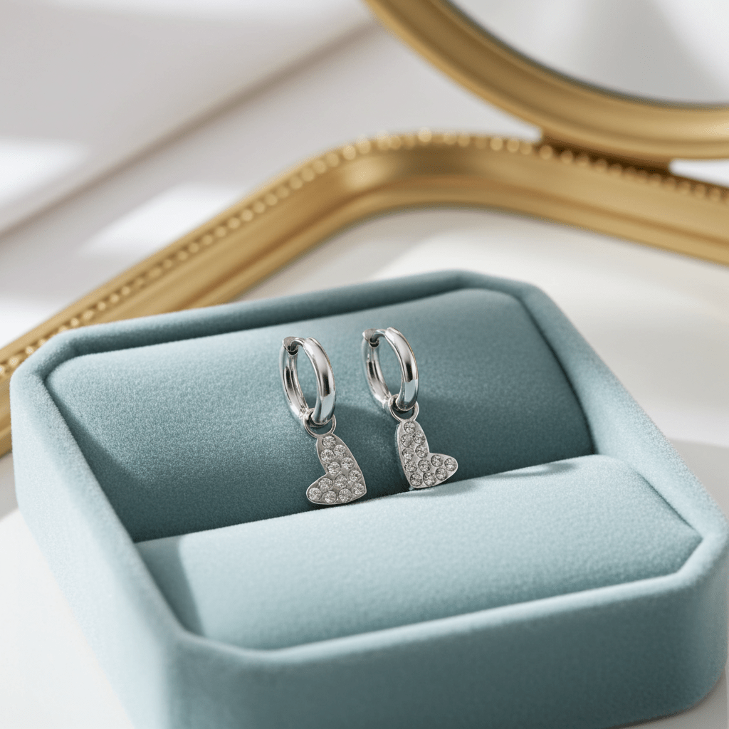 VIRTUOUS Silver Toned White Gold: Mini Hoops with Zirconia Embedded Heart Charm - MacroPanora