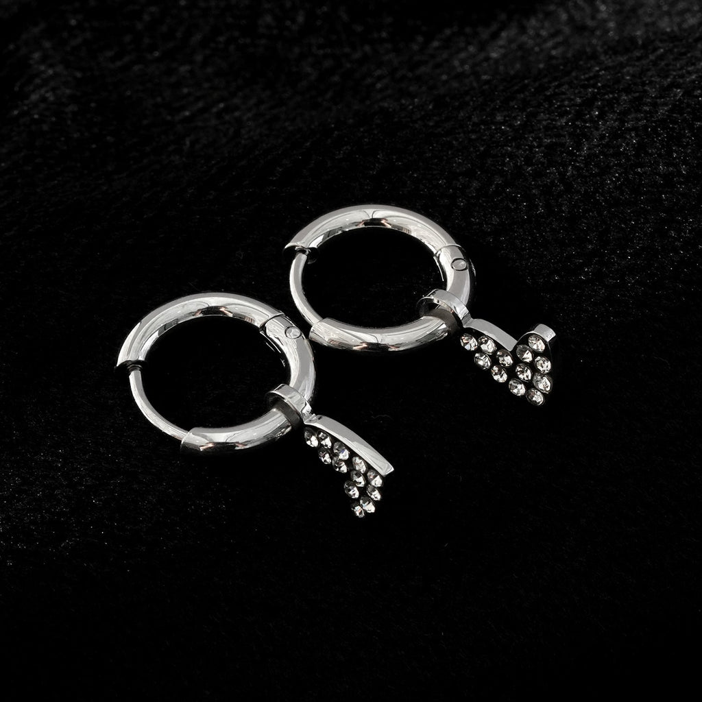 VIRTUOUS Silver Toned White Gold: Mini Hoops with Zirconia Embedded Heart Charm - MacroPanora