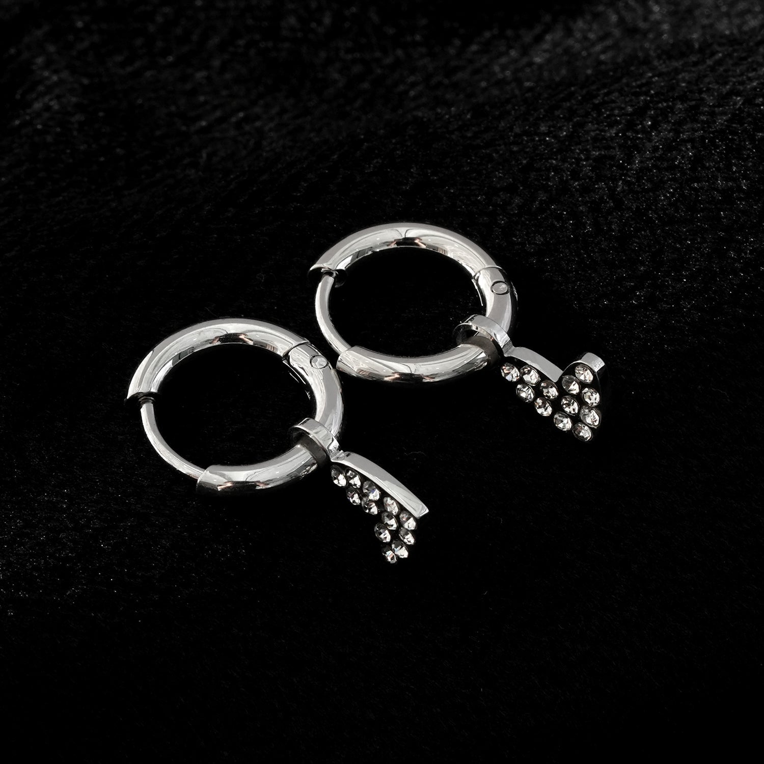 VIRTUOUS Silver Toned White Gold: Mini Hoops with Zirconia Embedded Heart Charm - MacroPanora