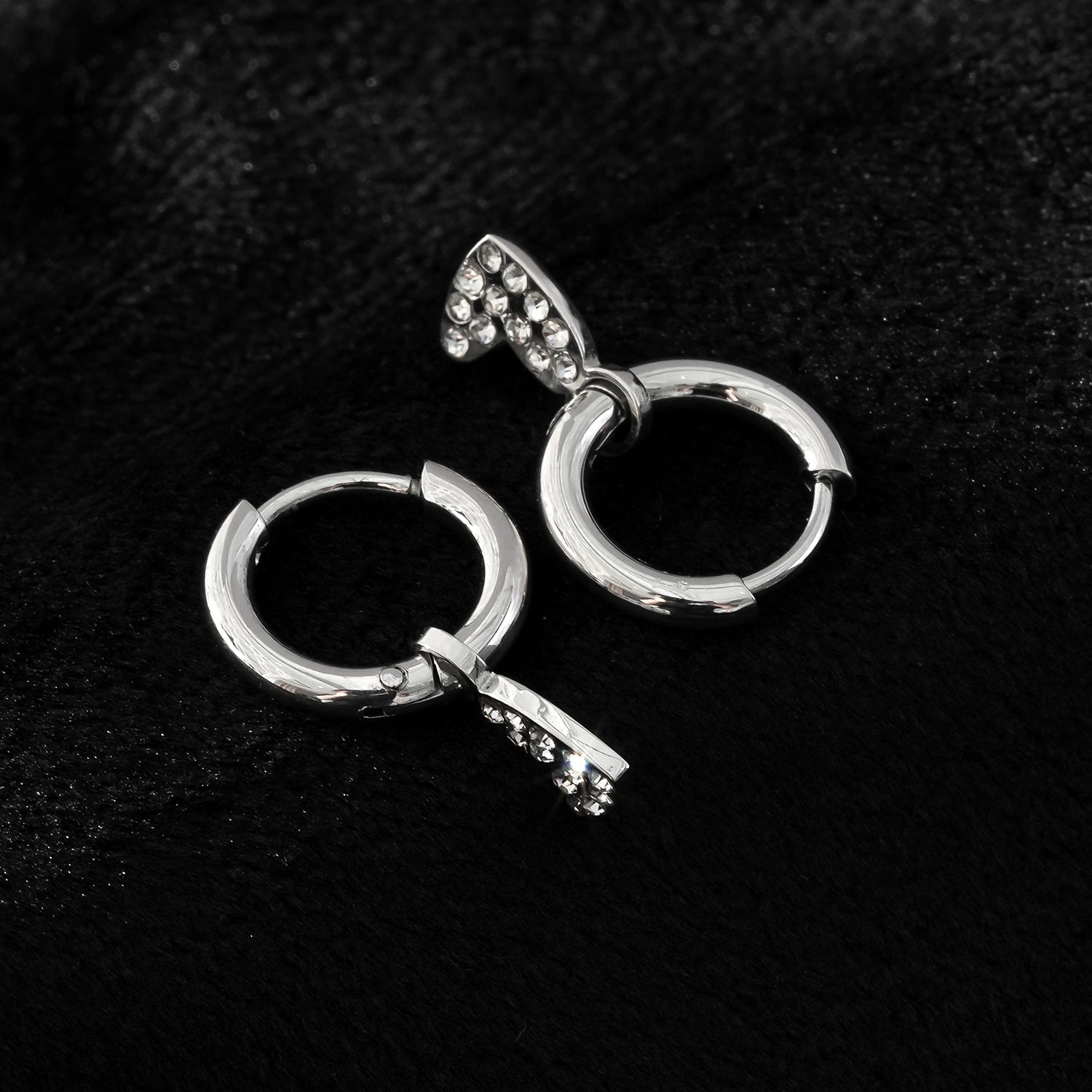 VIRTUOUS Silver Toned White Gold: Mini Hoops with Zirconia Embedded Heart Charm - MacroPanora
