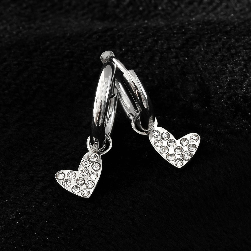 VIRTUOUS Silver Toned White Gold: Mini Hoops with Zirconia Embedded Heart Charm - MacroPanora