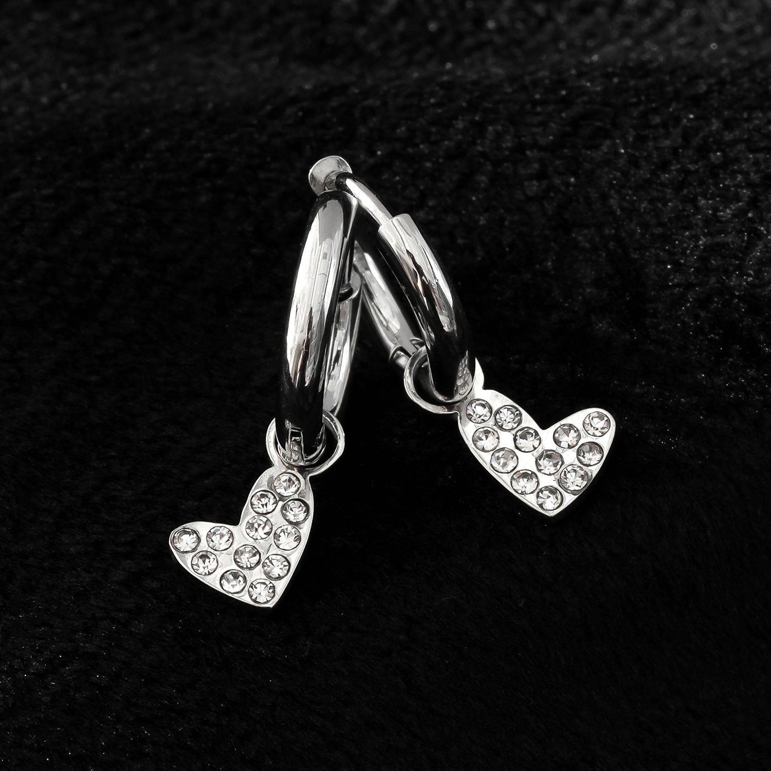 VIRTUOUS Silver Toned White Gold: Mini Hoops with Zirconia Embedded Heart Charm - MacroPanora