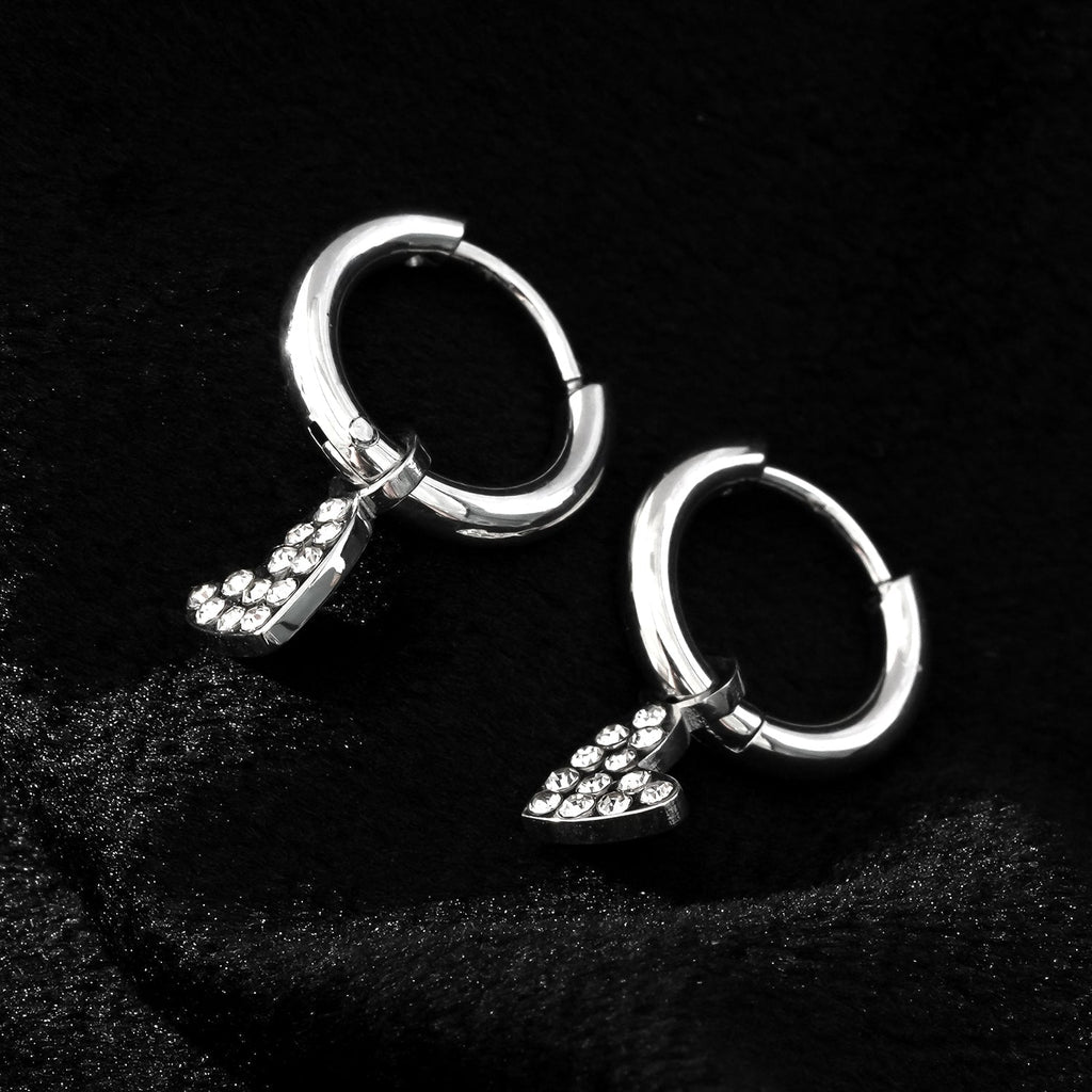 VIRTUOUS Silver Toned White Gold: Mini Hoops with Zirconia Embedded Heart Charm - MacroPanora