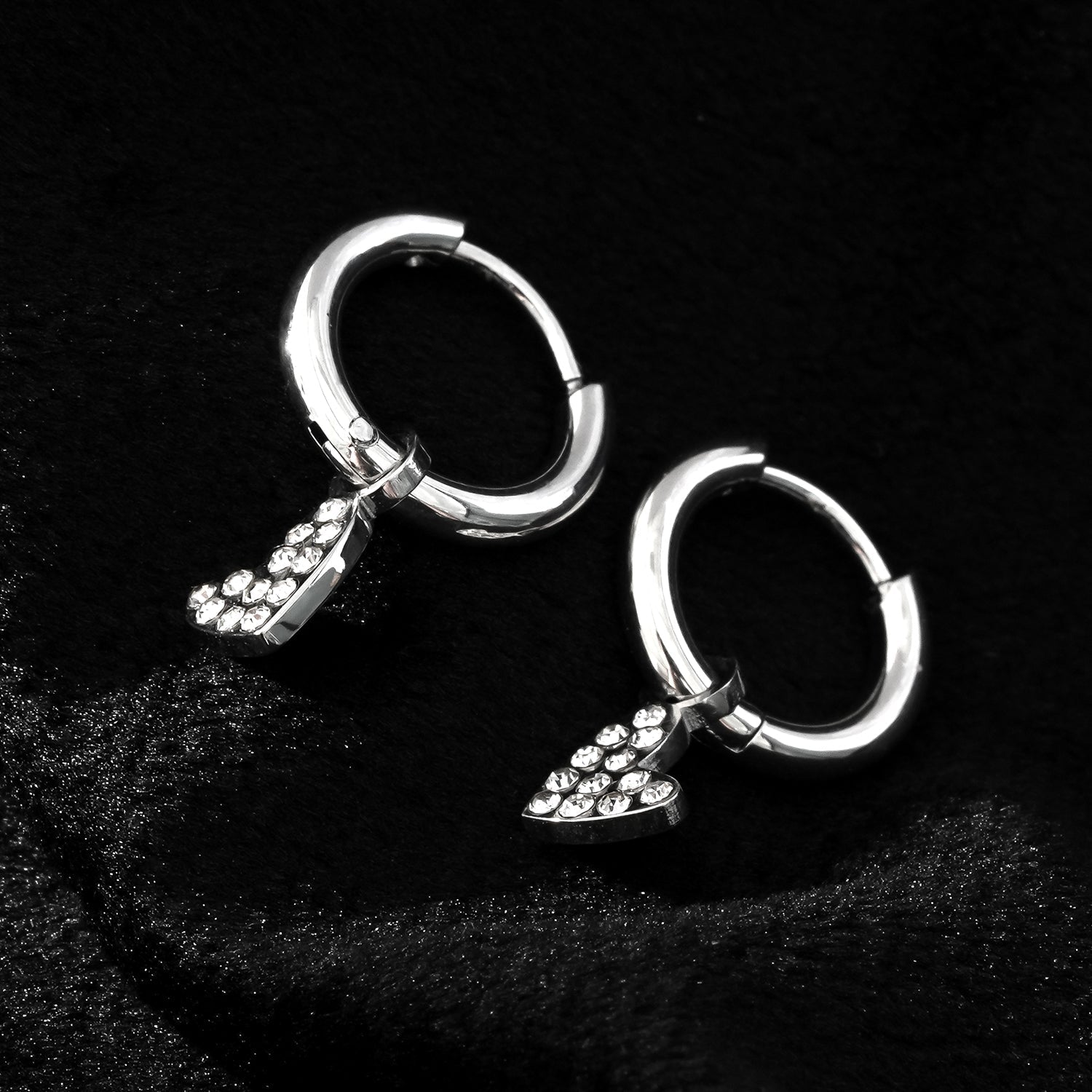 VIRTUOUS Silver Toned White Gold: Mini Hoops with Zirconia Embedded Heart Charm - MacroPanora