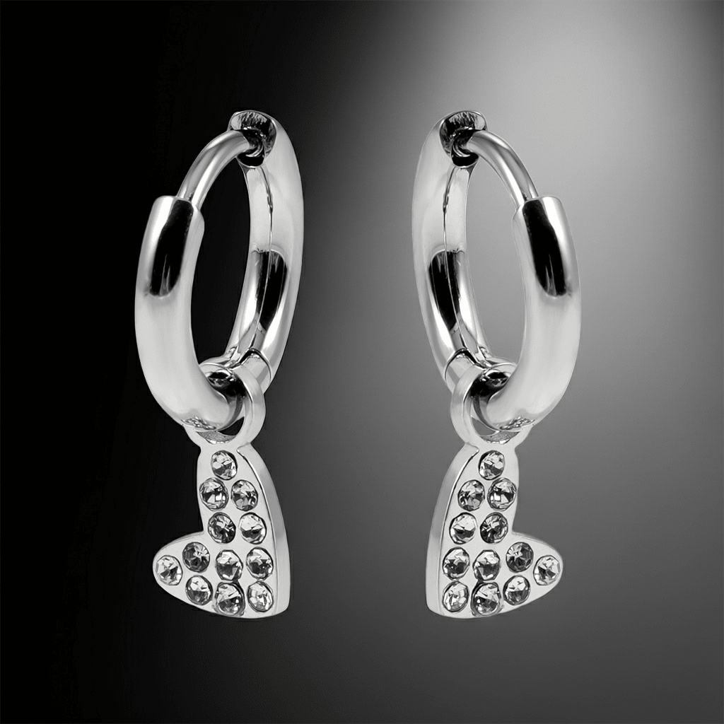 VIRTUOUS Silver Toned White Gold: Mini Hoops with Zirconia Embedded Heart Charm - MacroPanora
