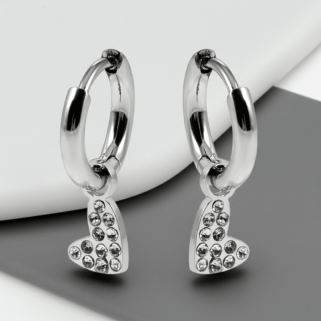 VIRTUOUS Silver Toned White Gold: Mini Hoops with Zirconia Embedded Heart Charm - MacroPanora