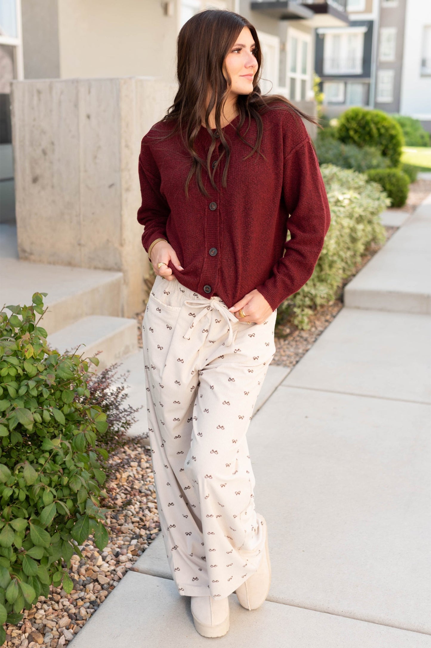 Women's Apricot Bow Print Casual Corduroy Pants - Loose Fit with Drawstring and Elastic Waist for Ultimate Comfort - MacroPanora