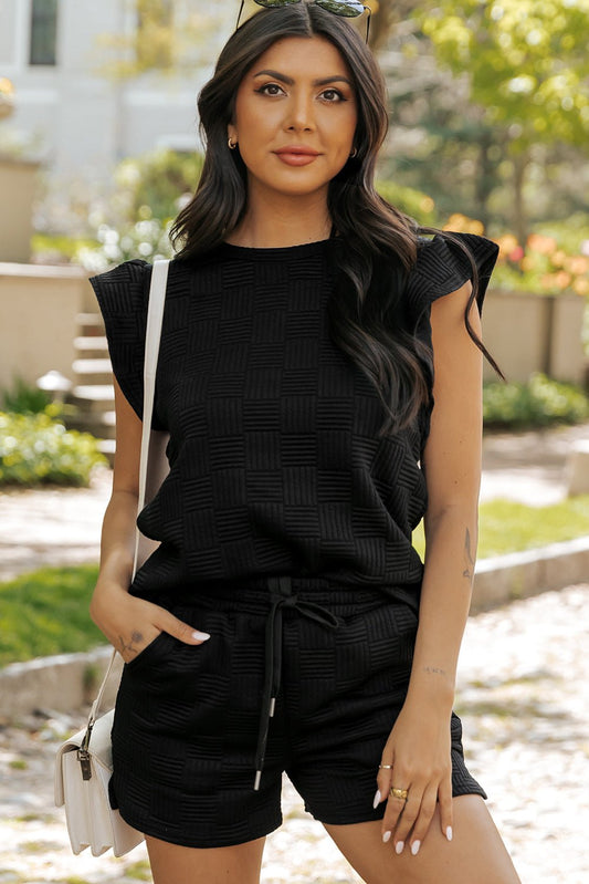 Women's Black Textured Ruffled Sleeve Top and Drawstring Elastic Waist Shorts Set for Casual Summer Style - MacroPanora