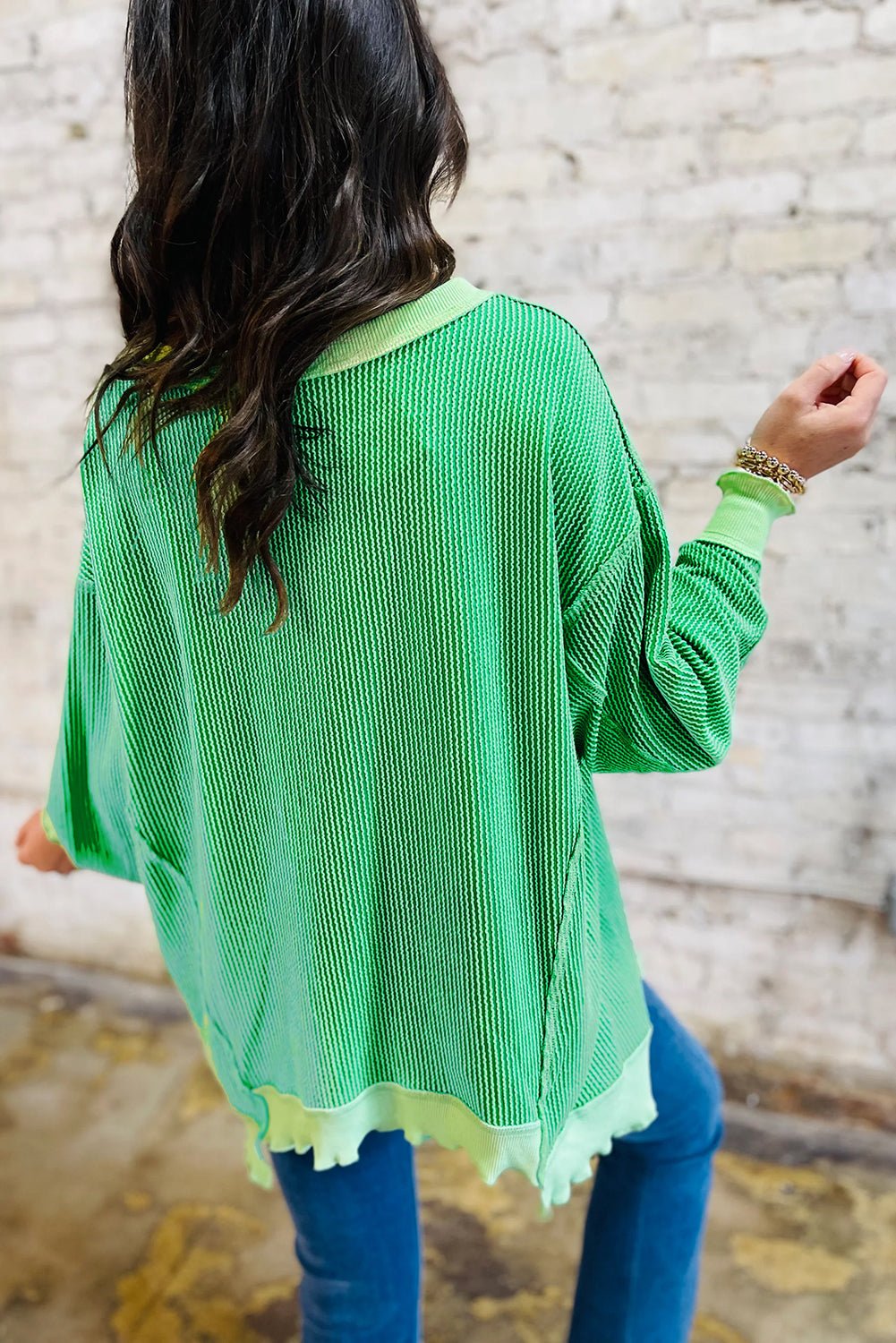 Women's Bright Green Loose Knit Top - Twisted Rib Design, Drop Shoulder, and Asymmetrical Hem for a Trendy Look - MacroPanora