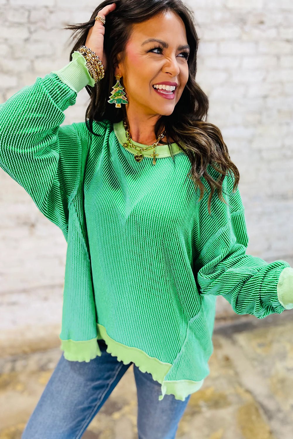 Women's Bright Green Loose Knit Top - Twisted Rib Design, Drop Shoulder, and Asymmetrical Hem for a Trendy Look - MacroPanora