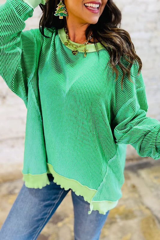 Women's Bright Green Loose Knit Top - Twisted Rib Design, Drop Shoulder, and Asymmetrical Hem for a Trendy Look - MacroPanora