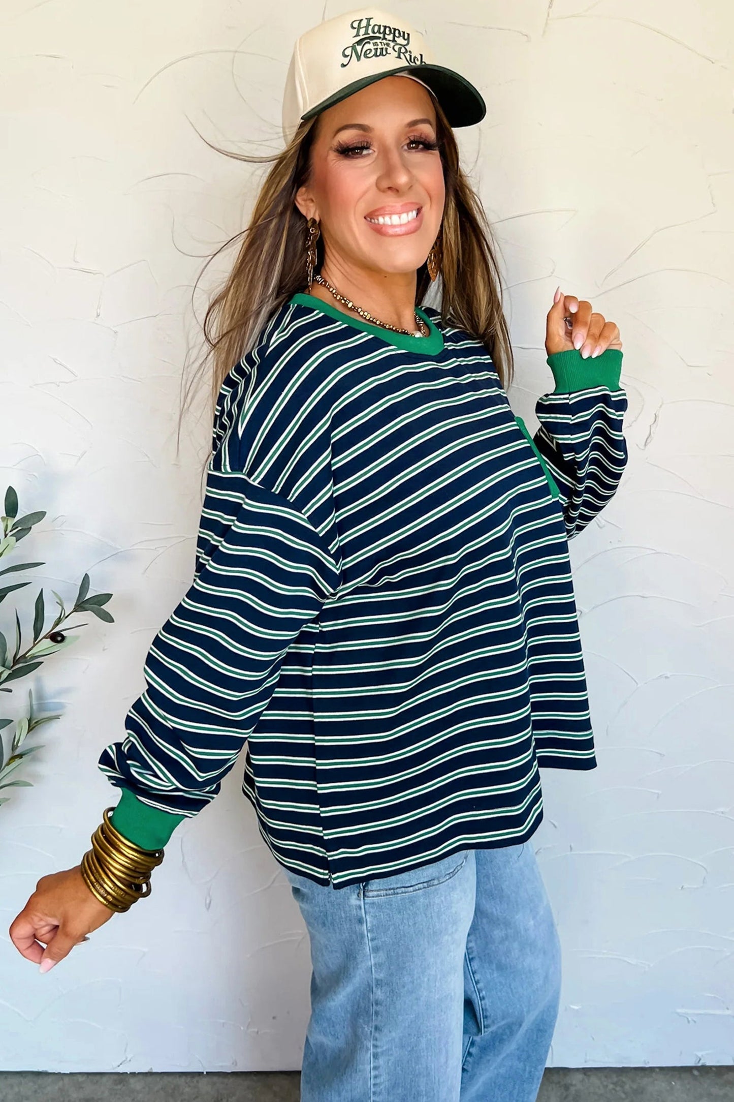 Women's Green Stripe Color Block Crew Neck Top with Pockets - MacroPanora